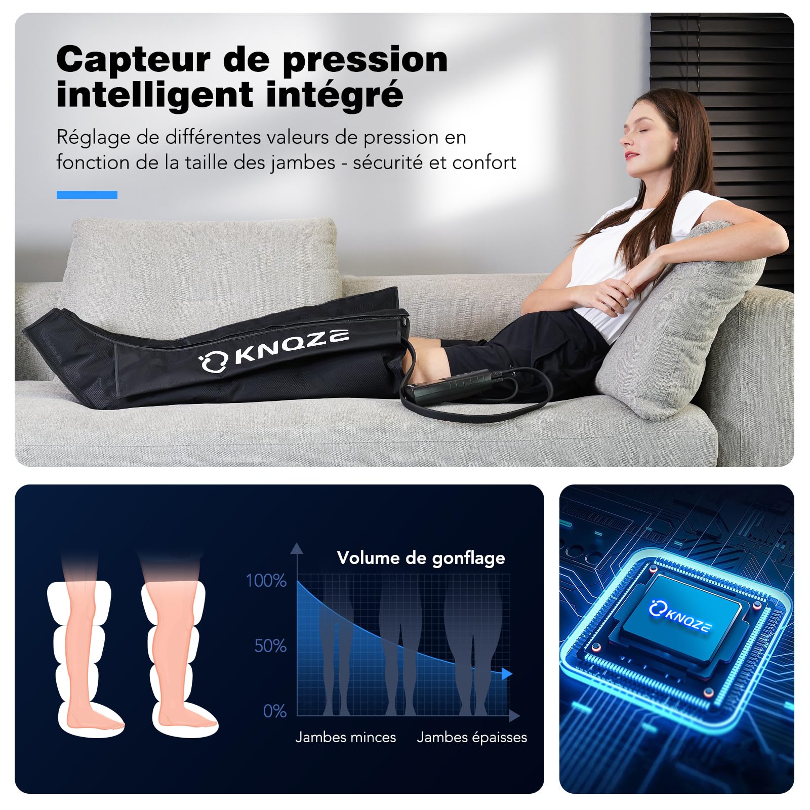 Appareil de Massage des Jambes par Compression d'air 6 Modes 6 Niveaux d'intensité pour Circulation Sanguine