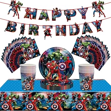 54Pcs Superhero Party Tableware Decorations for Boys Birthday,Superhero Avengers Cartoon Decorations Table Cloth,7inch Paper Plates,Banner,Paper Napkins for Avengers Theme Table Party Favor