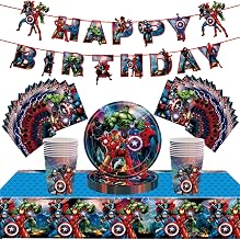 54Pcs Superhero Party Tableware Decorations for Boys Birthday,Superhero Avengers Cartoon Decorations Table Cloth,7inch Paper Plates,Banner,Paper Napkins for Avengers Theme Table Party Favor