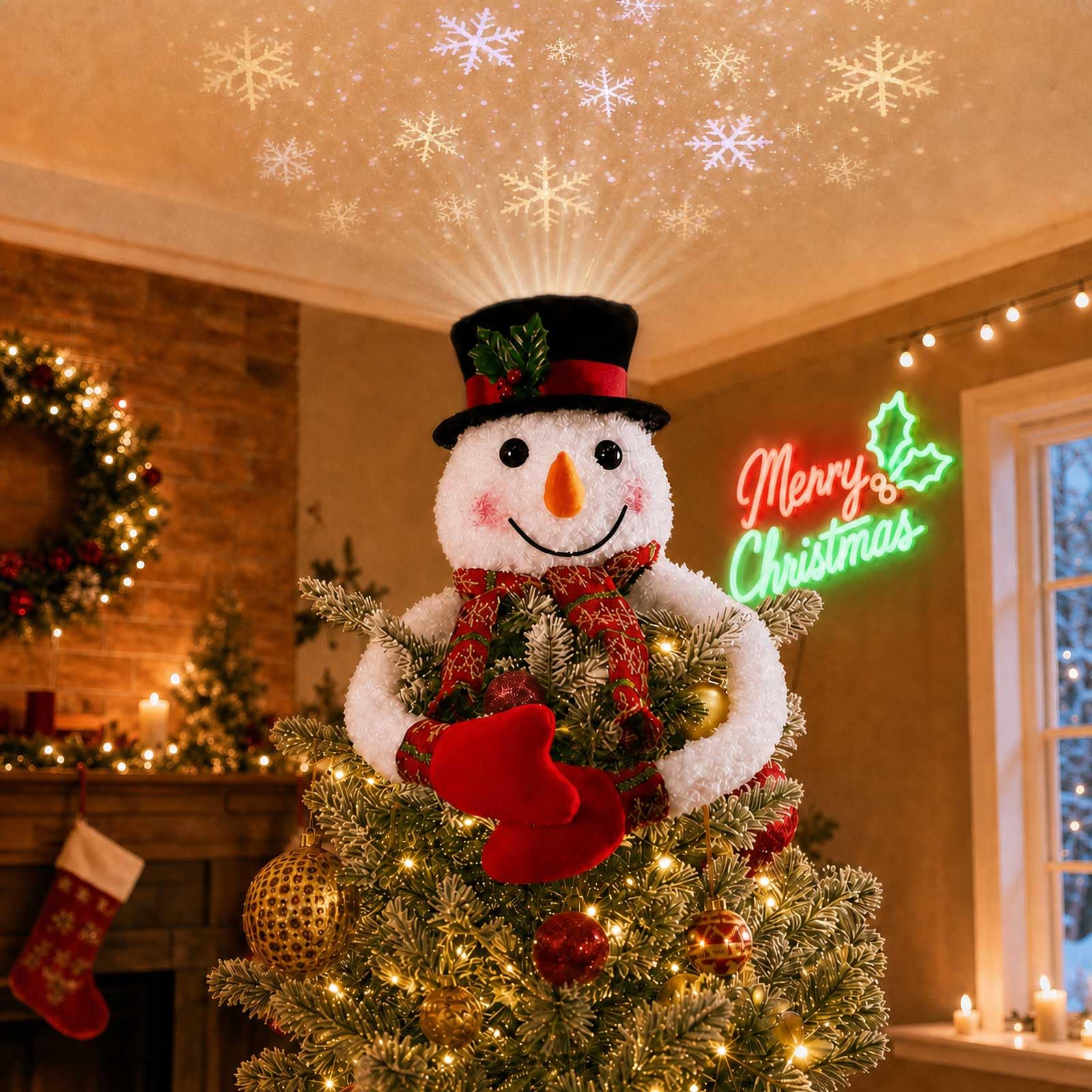 Christmas Snowman Tree Topper Projector, Lighted 3D Snowman Hat with Rotating LED Snowflake Projection, Unique Holiday Tree Decoration for Christmas Party, Home Festive Décor
