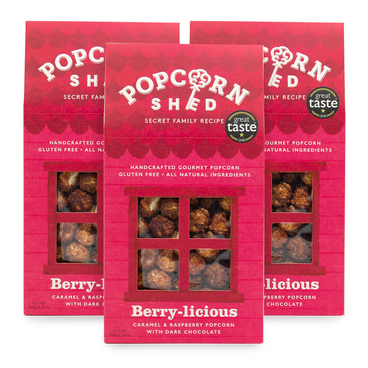 3 x Berry-Licious 80g Gourmet Popcorn Shed's | Chocolate and Raspberry Flavoured Fruit Popcorn | Popcorn Gift, Pack of 3