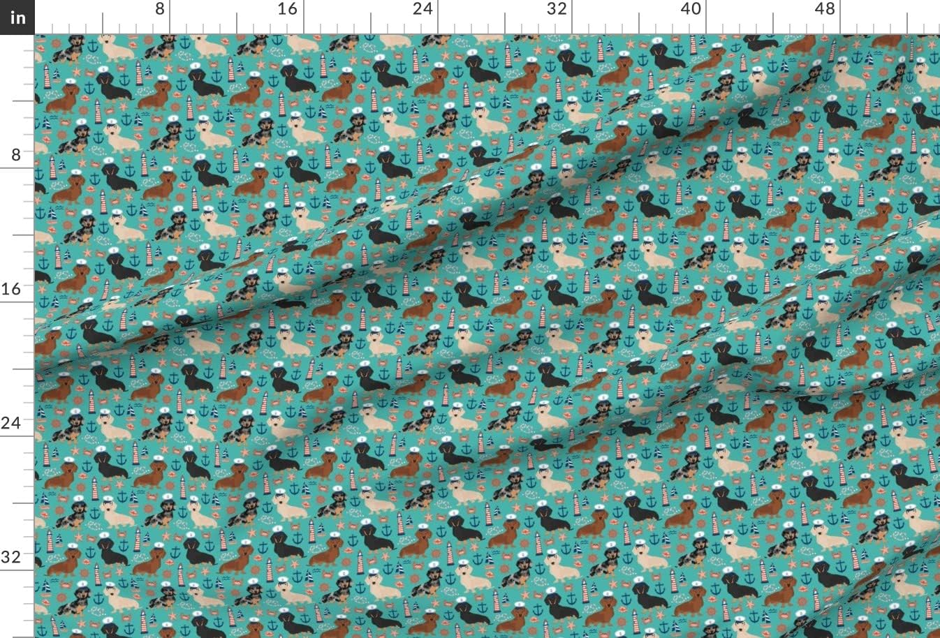 Spoonflower Fabric - Dachshund Dog Nautical Summer Turquoise Dogs Anchors Pet Portrait Printed on Upholstery Velvet Fabric Fat Quarter - Upholstery Home Decor Bottomweight Apparel