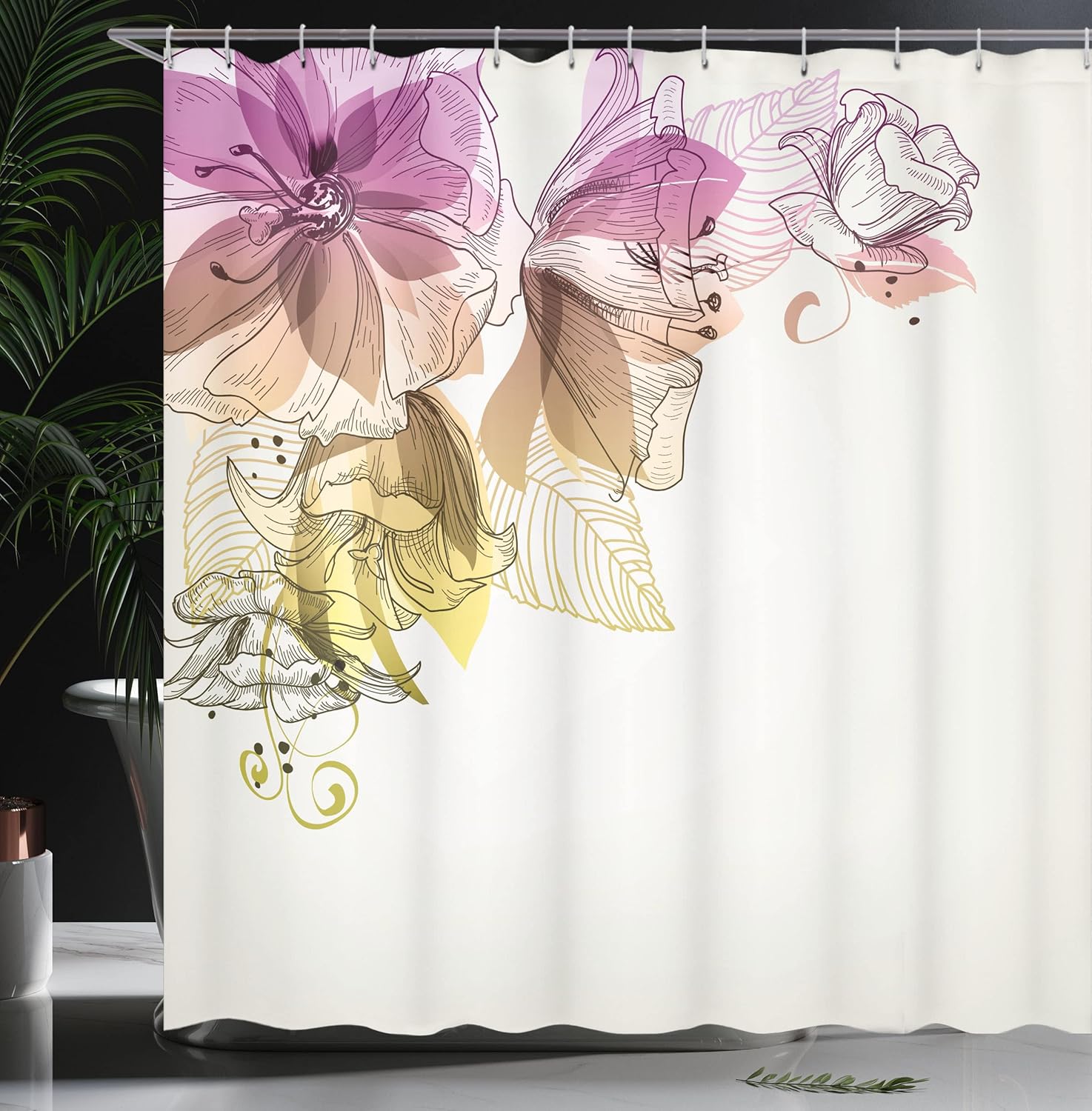 Ambesonne Flowers Shower Curtain, Buds Leaf at The top Left Corner Season Celebrating Theme Illustration, Cloth Fabric Bathroom Decor Set with Hooks, 69" W x 70" L, Purple Multicolor