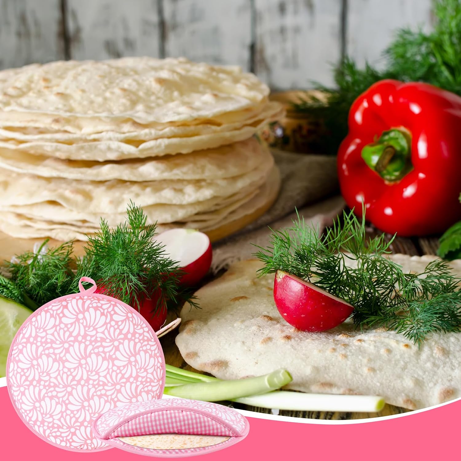 Honeydak 2 Pcs 12 Inch Tortilla Warmer Pouch, Mexican White Pink Talavera Pottery Pattern Microwavable Insulated Cloth Pouch for Tortillas, Tacos, Naan, and Pizza Rolls
