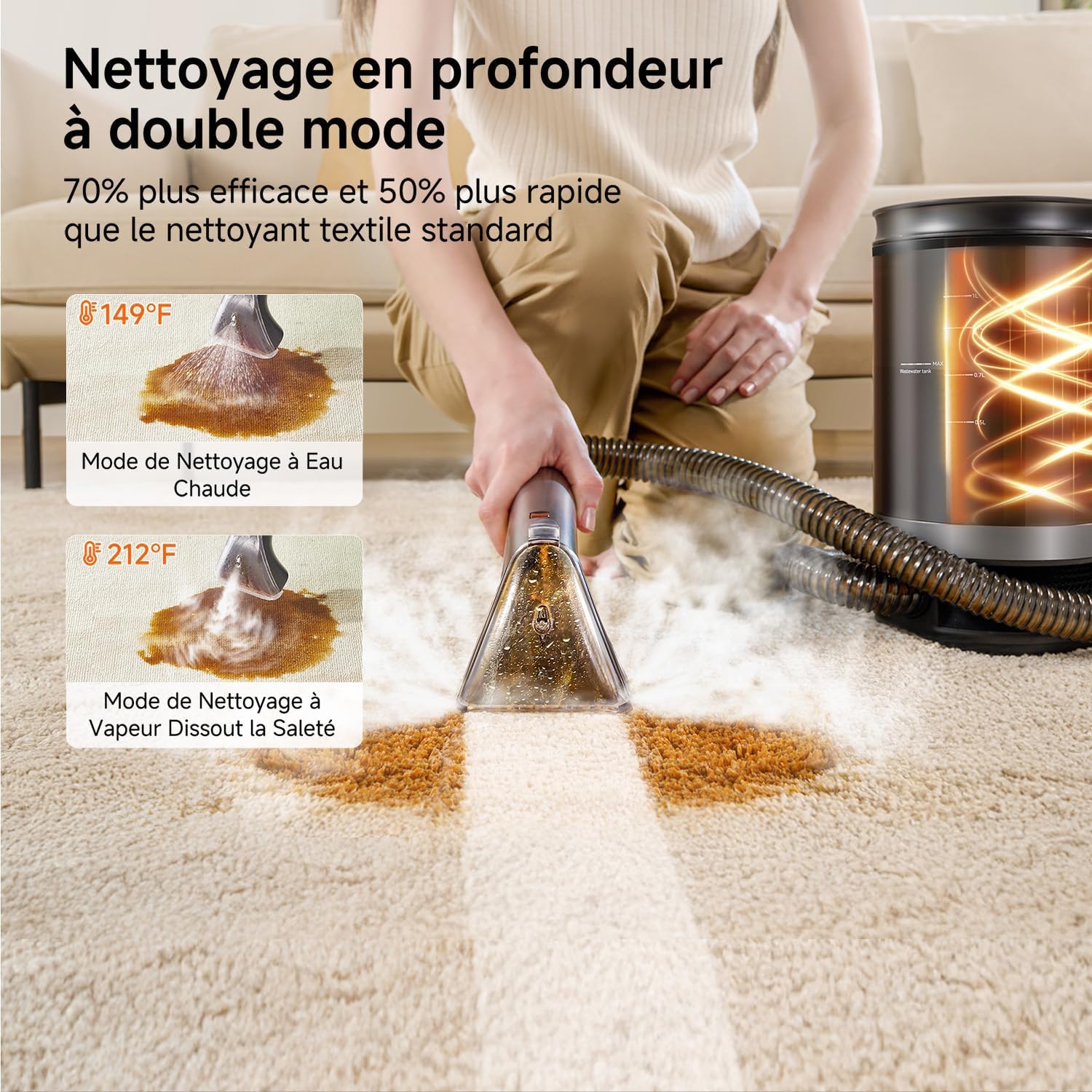 Uwant B400 Vapeur et Chauffage Shampouineuse Canapé Professionnel ，Aspiration Puissante 18Kpa，Portable avec 4 Accessoires,Nettoyeur Canapé Tissus 2-en-1 pour Tapis Set of 1,Meubles, Tissus, Voiture