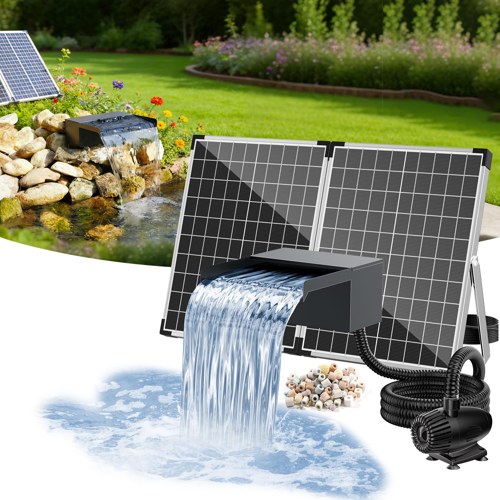 POPOSOAP Pond Waterfall Filter Kit Solar 75W, Stainless Steel Waterfall Box Spillway with Lid, Solar Powered Pond Pump & Filter, Multi-Filtration, 9.8ft Corrugated Tubing for Pond Waterfall Cascade