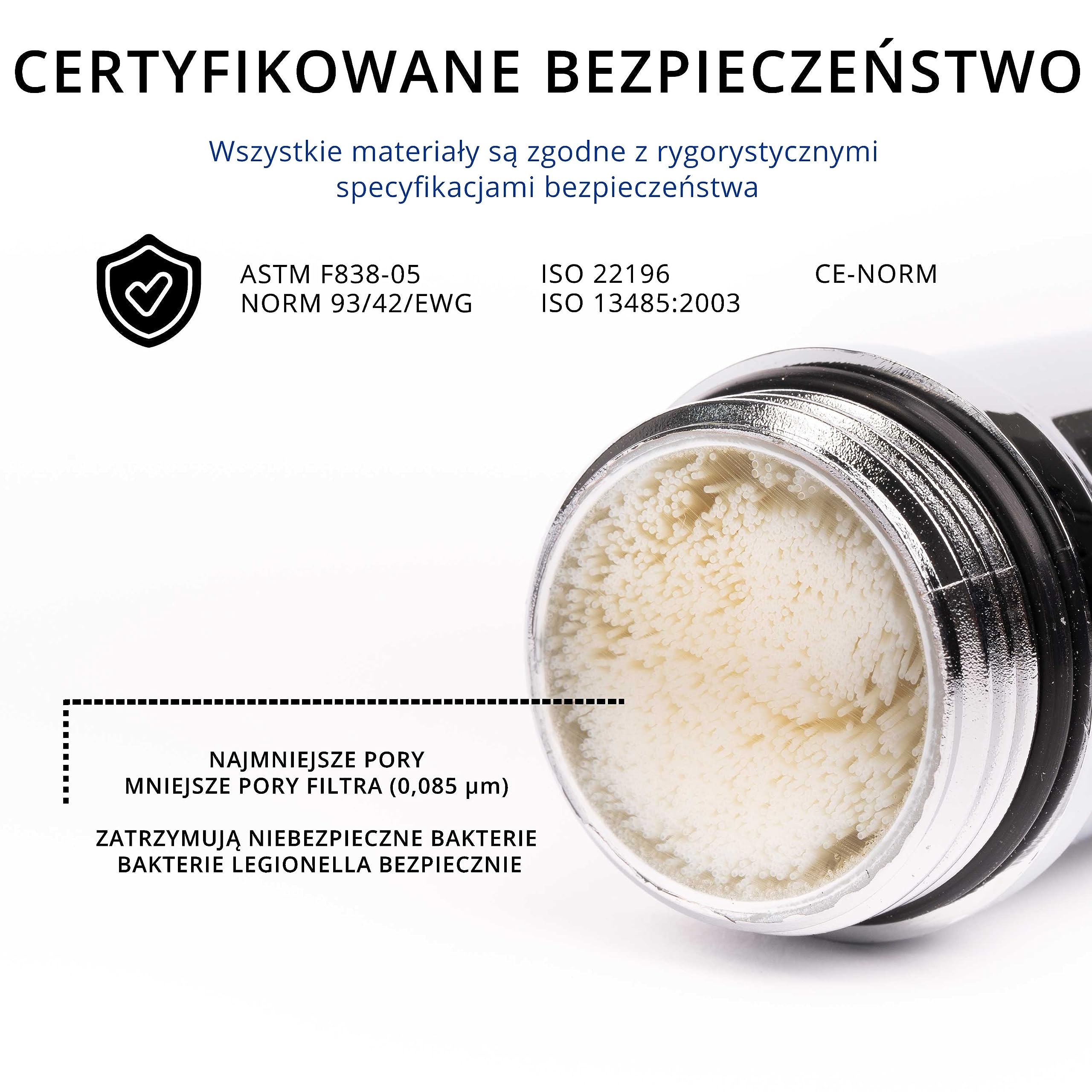 Głowica prysznicowa z filtrem Legionella, długotrwała ochrona, przepływ do 10 l/min, wymienny filtr sterylny
