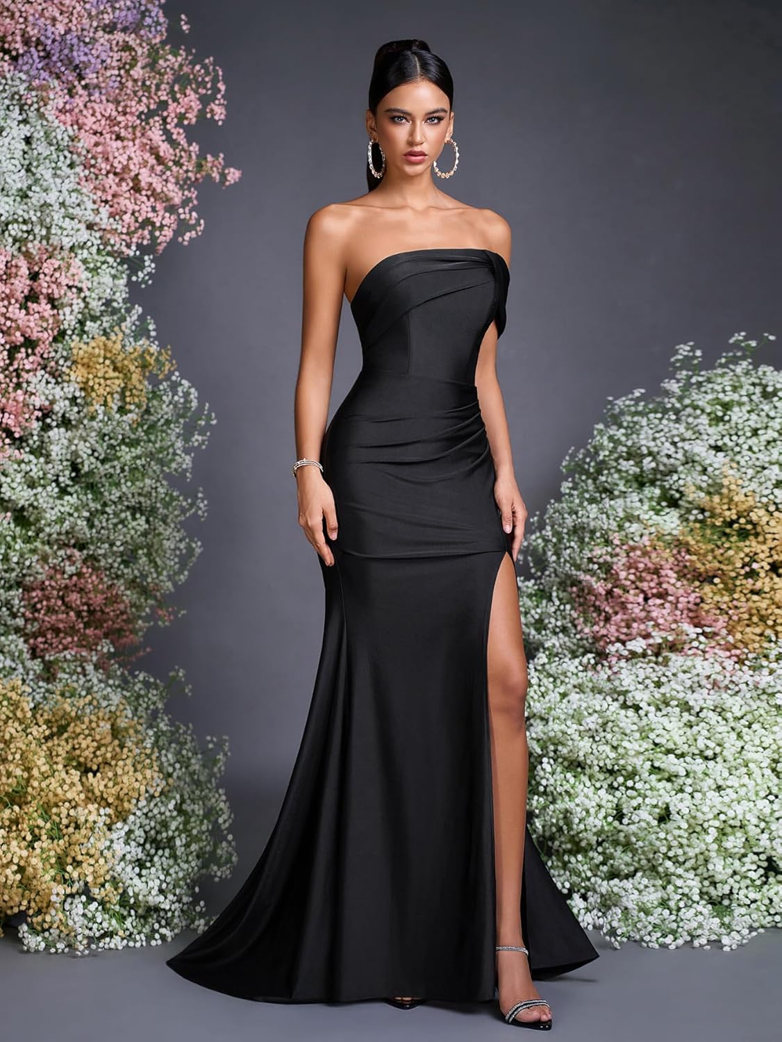 Women's Cocktail Dresses Elegant Black Strapless Slit Mermaid Evening Dresses for Wedding Guest - Image 9