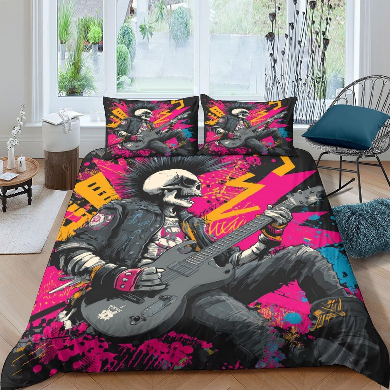 Ctjqhvkz Style-1 3D Printed Rock Skeleton Fitted Sheet Microfiber Vibrant Guitar Bed Cover For Bedroom Dorm Mattress Protection Decorative Single（135X200cm）
