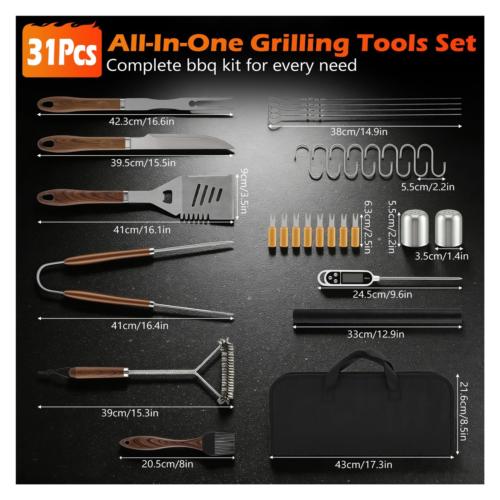 Set di strumenti for grigliare da 31 pezzi Kit accessori for barbecue for carichi pesanti + Tappetino for griglia con custodia