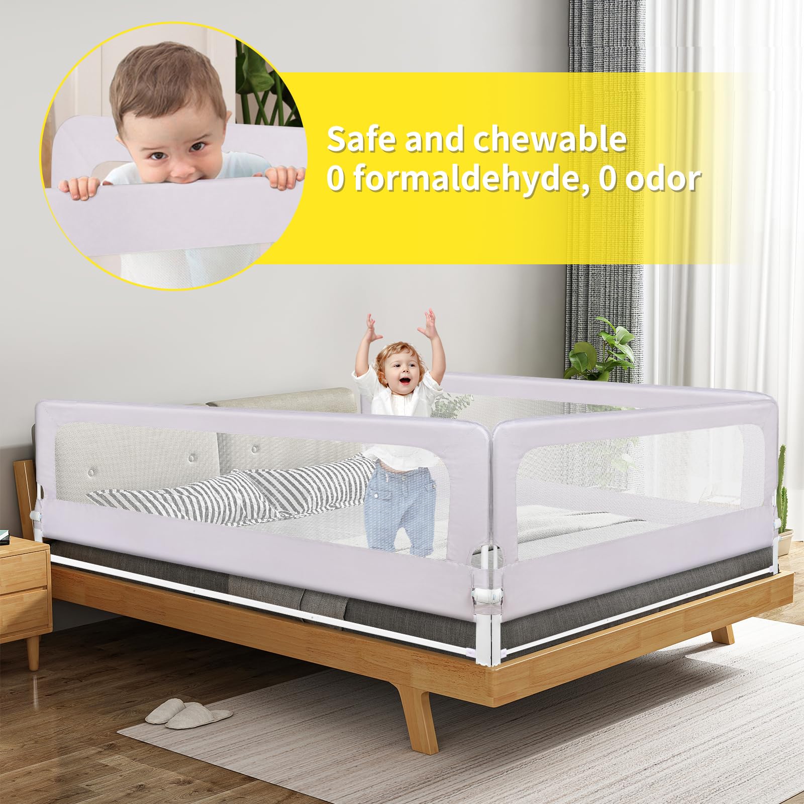 OHMG 150 cm Guardrail del letto,Barriera di sicurezza per bambini,Barriera di sicurezza letto regolabile in altezza Barriera del letto verticale sollevamento,Barriera di sicurezza anti-caduta