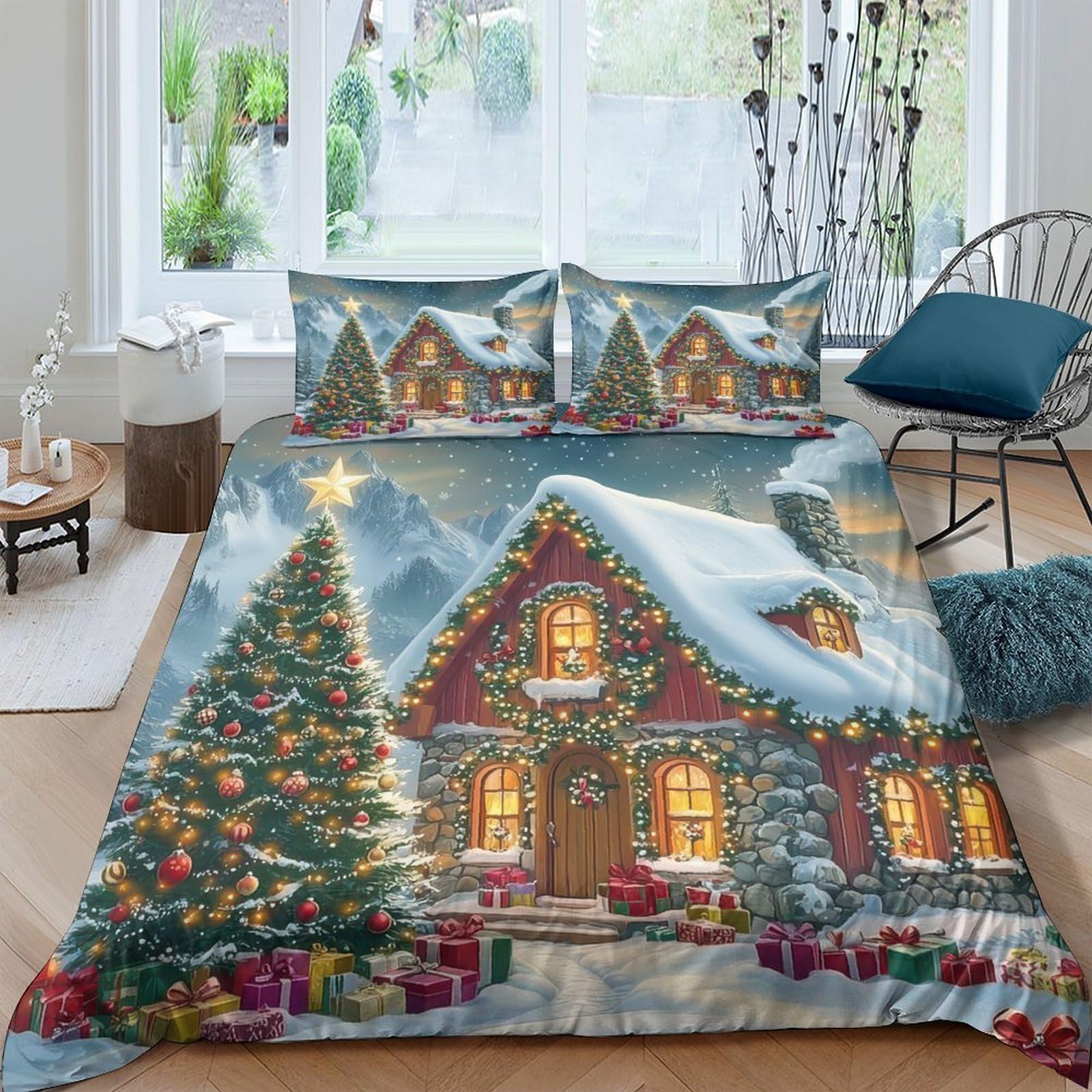 GPLZQXKJNH 3D Printed Christmas House Duvet Cover Microfiber Soft Winter Snow Tree Bedding Set with 2 Pillowcases for Bedroom Home Single（135x200cm）