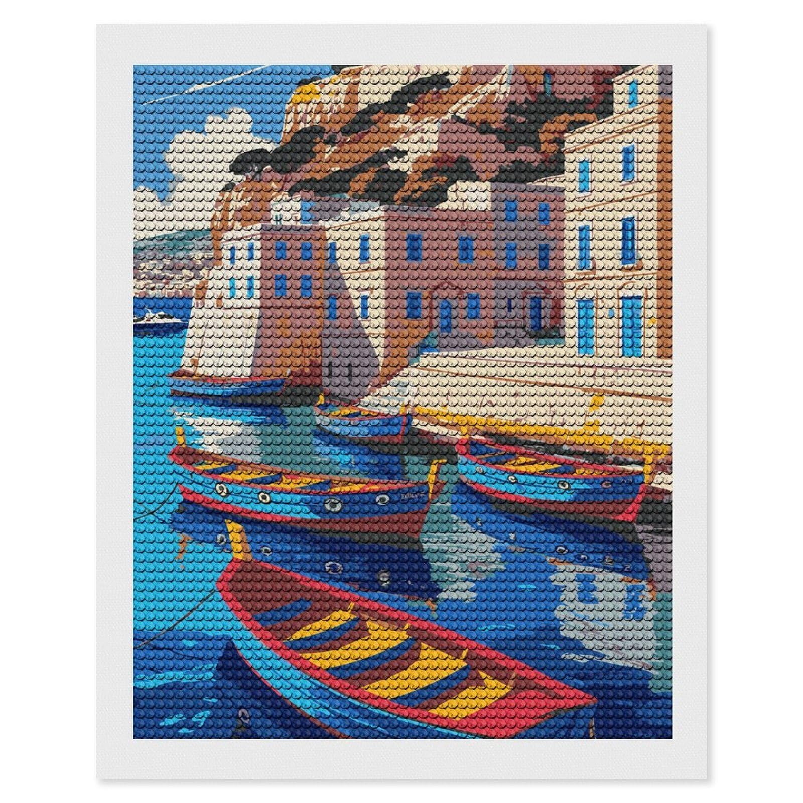 Junmoney Coastal Village with Boats Illustration Diamond Painting Set 16"x20", Holiday Gift Idea, for Creative Relaxation, Fun Craft Experience, Vintage Style Decor