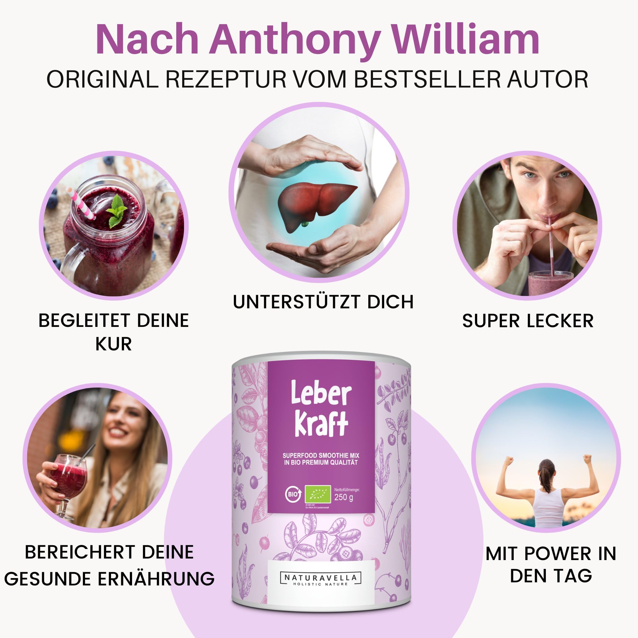 NATURAVELLA LeberKraft Bio Superfood Smoothie in Polvere (250g) per Heavy Metal Detox | Con Mirtilli Selvatici, Succo d'Orzo, Spirulina e Dulse | Ricetta di Anthony William | Vegano
