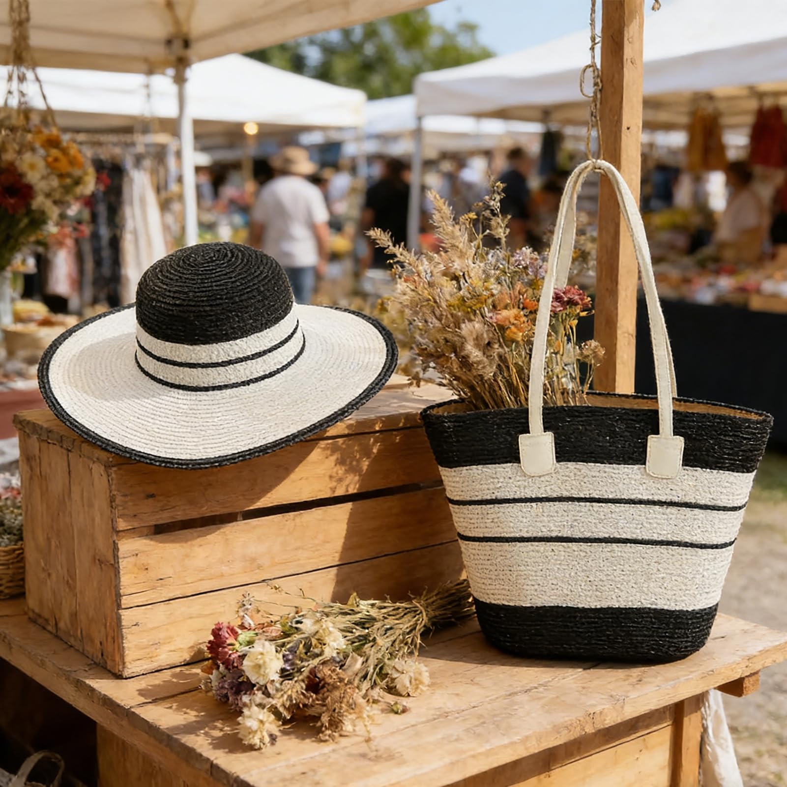 Lot de 2 chapeaux de plage à larges bords rayés en rotin avec sac fourre-tout tissé à la main et sac à bandoulière portable pour vacances, pique-nique, bord de mer