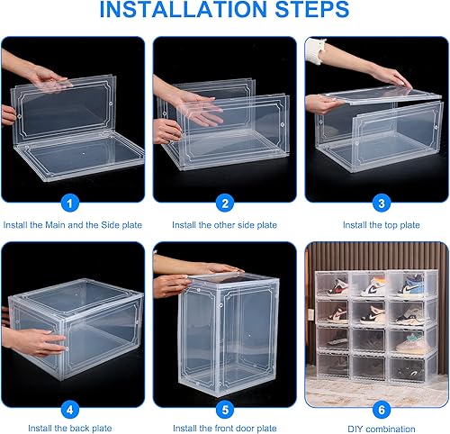 Miniatura 5 de HIYOHIYO 1 Pack Shoe Boxes Clear Plastic Stackable, Sneaker Containers Magnetic Shoes Storage Box Foldable Drop Front Organizer Shoes Cases for Home