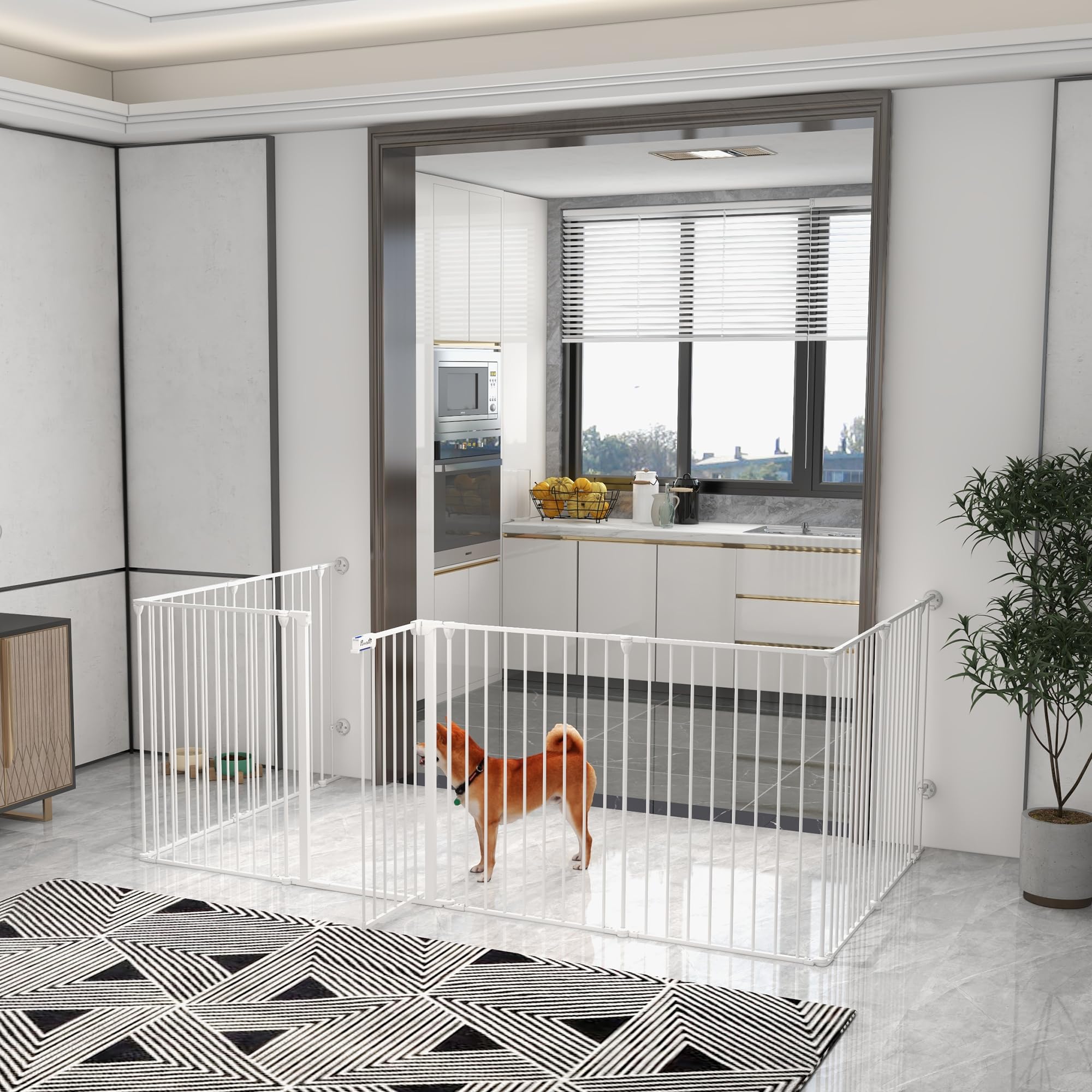 PawHut Parque para Perros de 8 Paneles 64x90 cm Corralito para Mascotas Plegable de Acero con Doble Cerradura Función de Bloqueo Auxiliar y Forma de Bricolaje para Pasillos Escaleras Blanco
