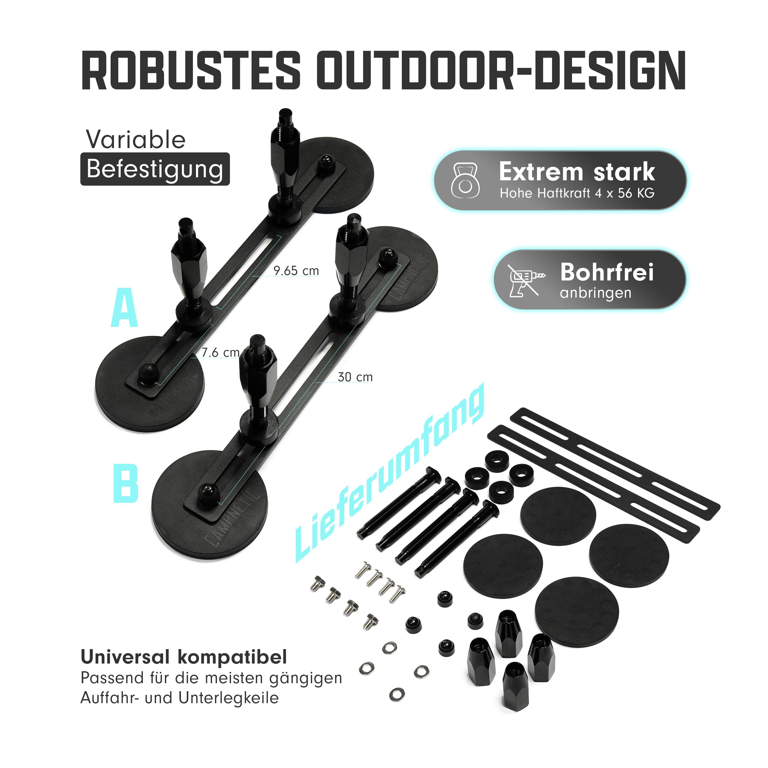 Campnetic Magnetische Auffahrkeile Halterung für Camper | Unterlegkeile Universal Magnet-Halterung, Ohne Bohren, Für Camper, Wohnmobil & Offroad-Fahrzeuge, 4x 56kg gummierte Magnete