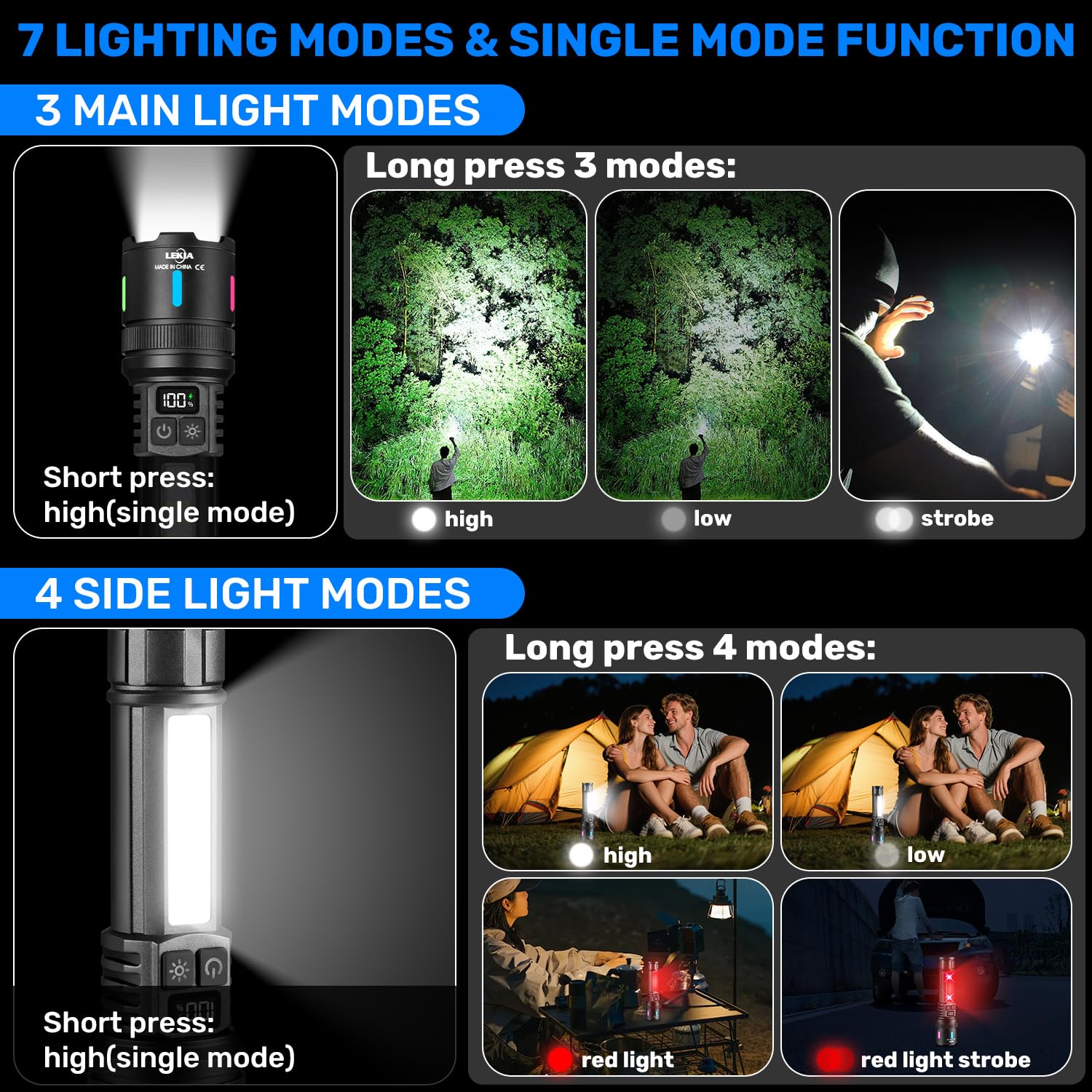 LEKIA Lampe Torches Ultra Puissante 100000LM, Rechargeables USB-C Lampe de Poche LED Simples Modes/7 Modes, Batterie 3000mAh Longue Durée 10 Heures, Idéales pour Camping, Randonnée, Lot de 2