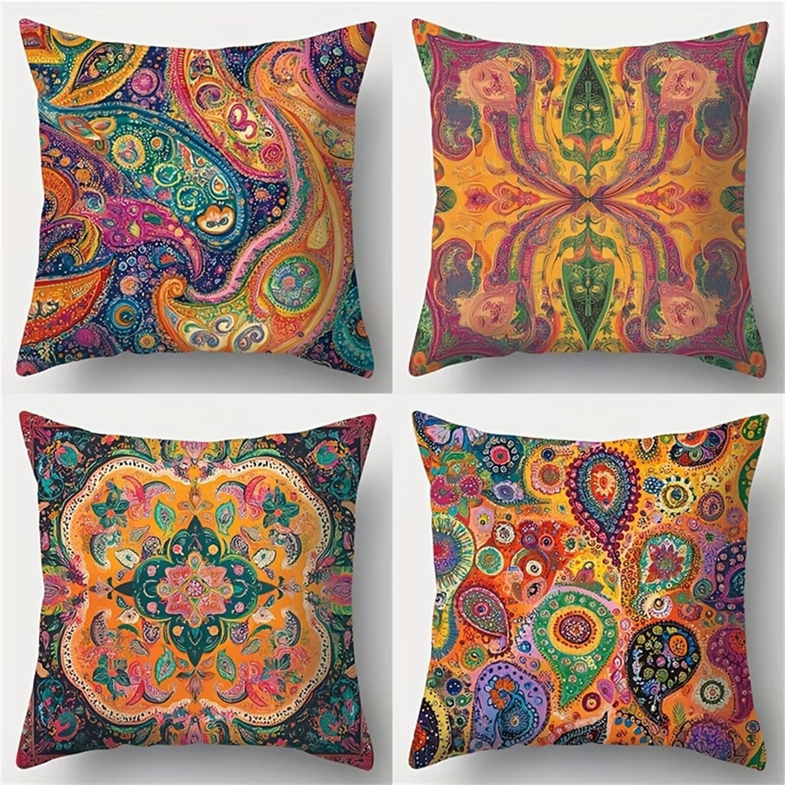 QiHon Set of 4 Decorative Linen Cushion Covers 60x60 cm, Modern Abstract Bohemian Square Throw Pillow Cases with Invisible Zipper, Breathable Pillowcases for Sofa Couch Living Room Bedroom Garden