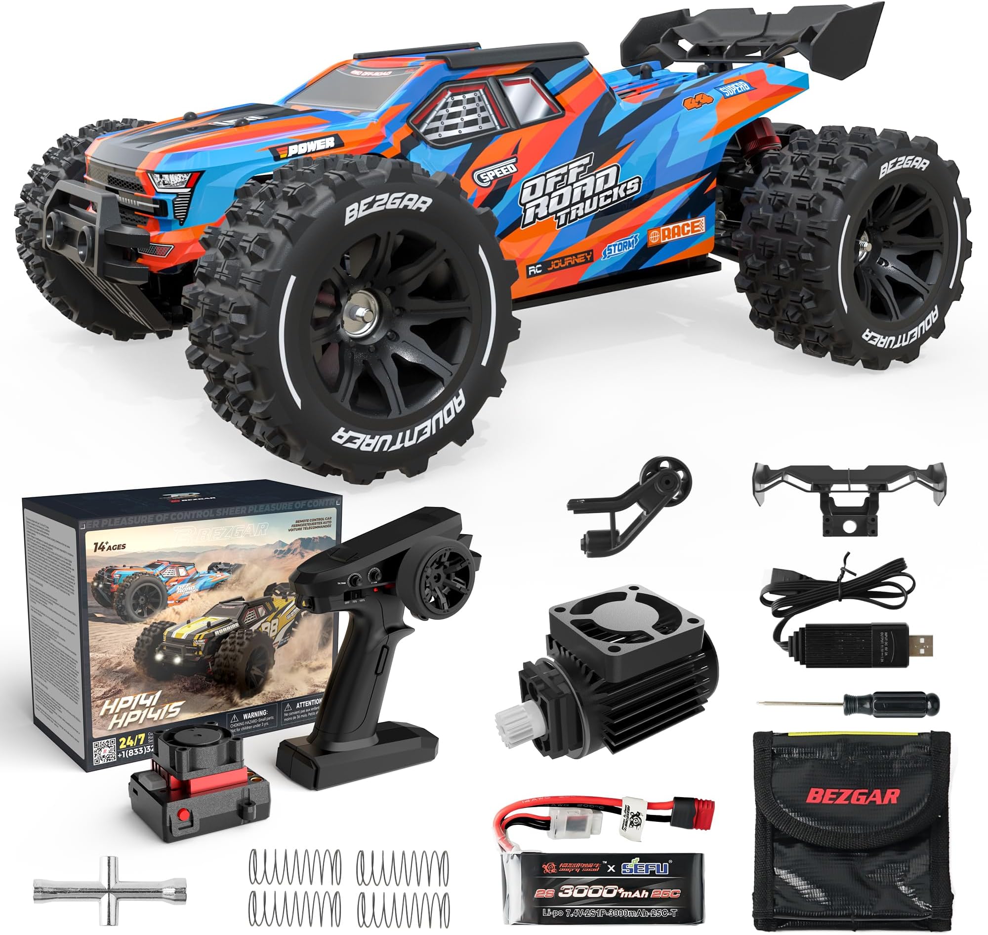 BEZGAR HP141 Fast RC Cars for Adults - Max 50MPH Brushless RC Car, RC Trucks 4x4 Offroad Waterproof, 1:14 Scale RC Monster Trucks, Hobby Off Road RC Electric Car, Remote Control Cars for Adults