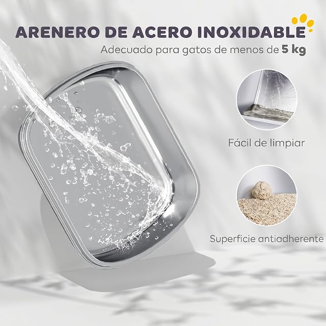 Foto 3 de 8 de PawHut Arenero para Gatos Cubierto de Acero Inoxidable Pala Gris Oscuro