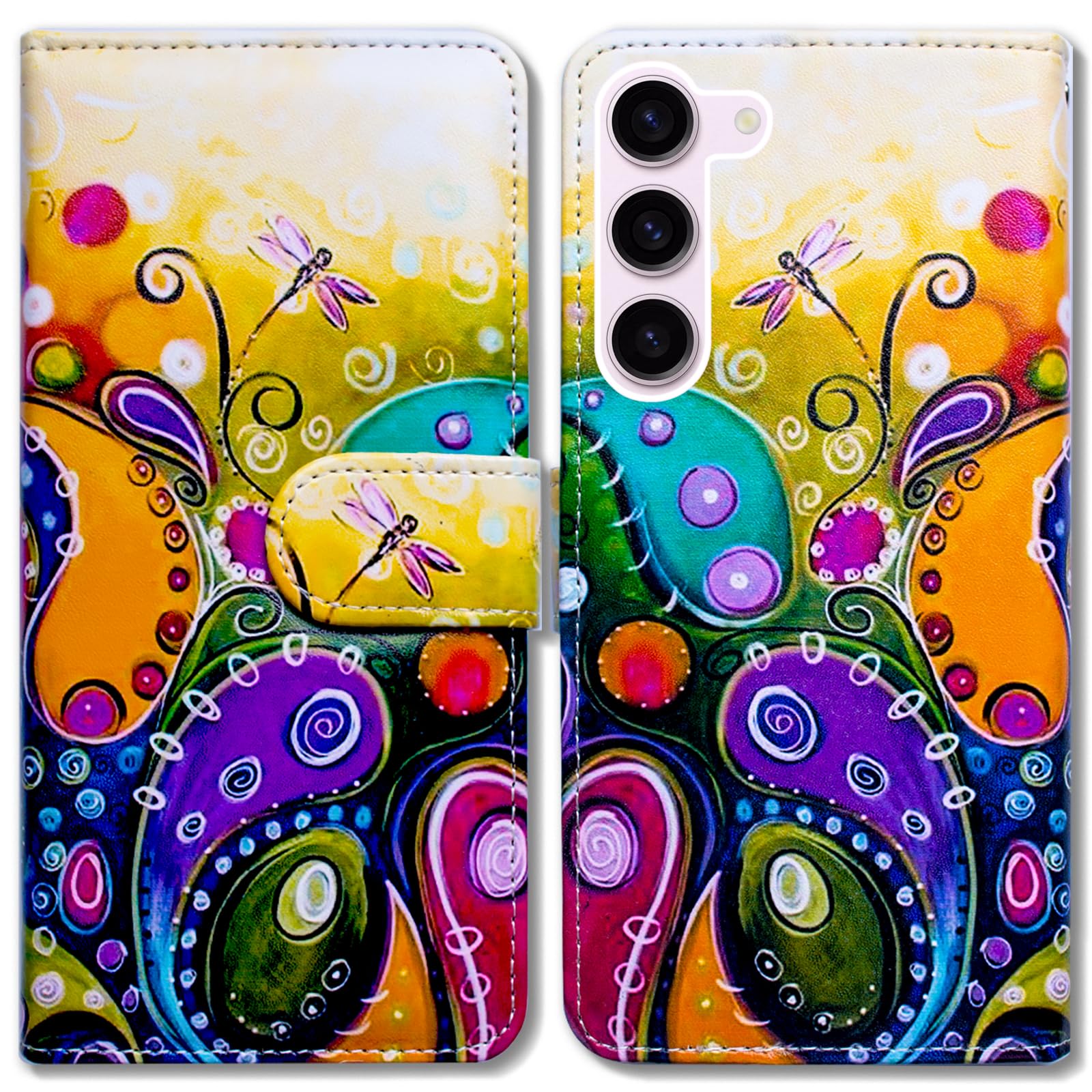 Bcov Case for Galaxy S24,Colorful Dragonfly Leather Flip Phone Case Wallet Cover with Card Slot Holder Kickstand for Samsung Galaxy S24