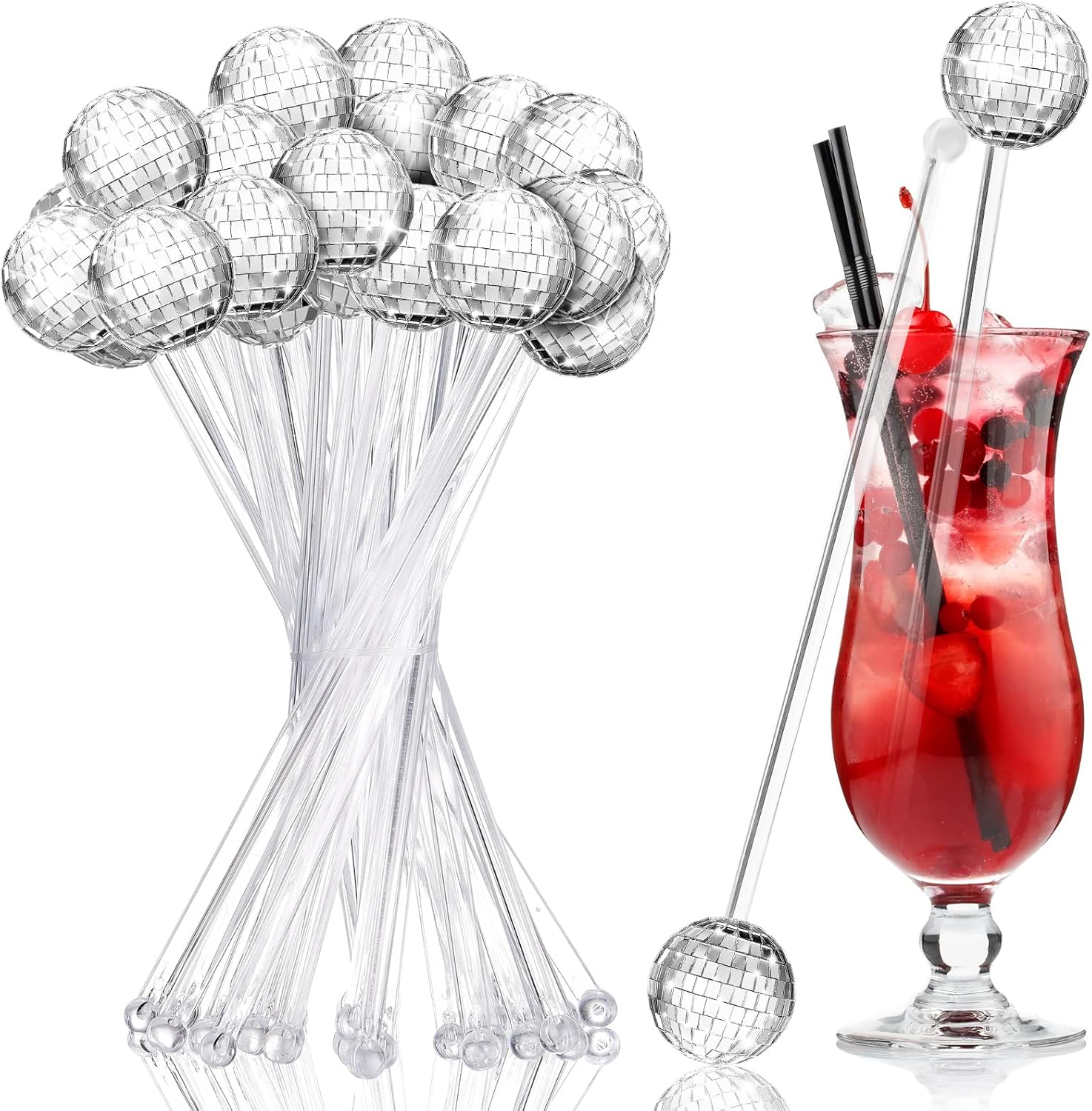 Sawysine 24 Pcs Disco Party Decorations Disco Ball Cocktail Stirrers 8 Inch Silver Mirror Ball Stir Sticks Beverage Coffee Drink Stirrer for 70s 80s Bachelorette Wedding Birthday Party(Transparent)