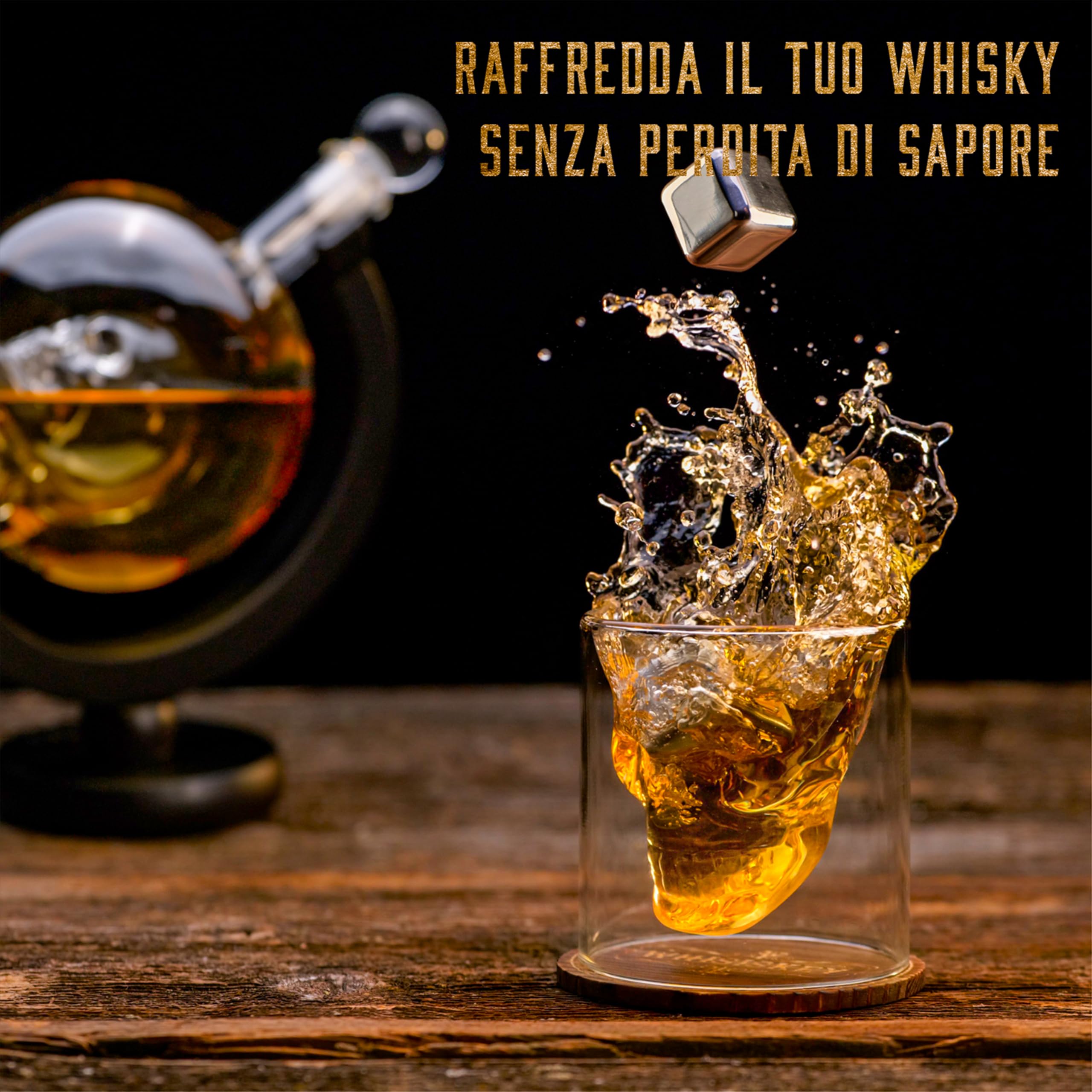 WHISISKEY Decanter per Whisky - Set Whisky Regalo - Idee Regalo Uomo Compleanno - Cranio Decanter 900ML, Scatola Regalo, 2 Bicchieri da Whisky x 125ML, 4 Pietre di Whisky, Accessori
