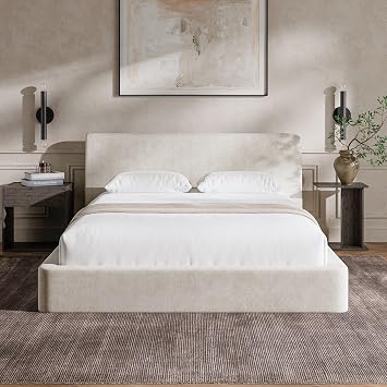 RECCI AirFrame Queen Bed Frame with Ergonomic Angled Foam Cushioned Headboard, Minimalist Design Platform Bed Frame, No Box Spring Needed, Easy Assembly Beige Chenille