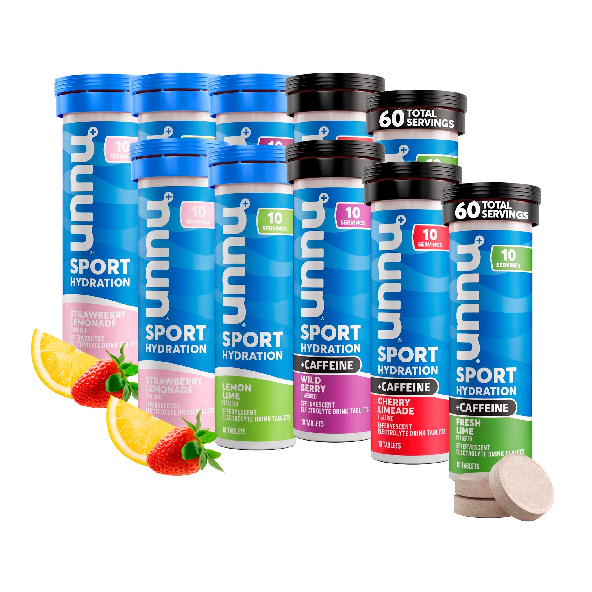 Nuun Sport + Caffeine Electrolyte Tablets – Dissolvable in Water,Variety Pack | 5 Essential Electrolytes for Hydration | 1g Sugar Drink Mix | Vegan,Non-GMO | (60 Servings) (Pack of 2)