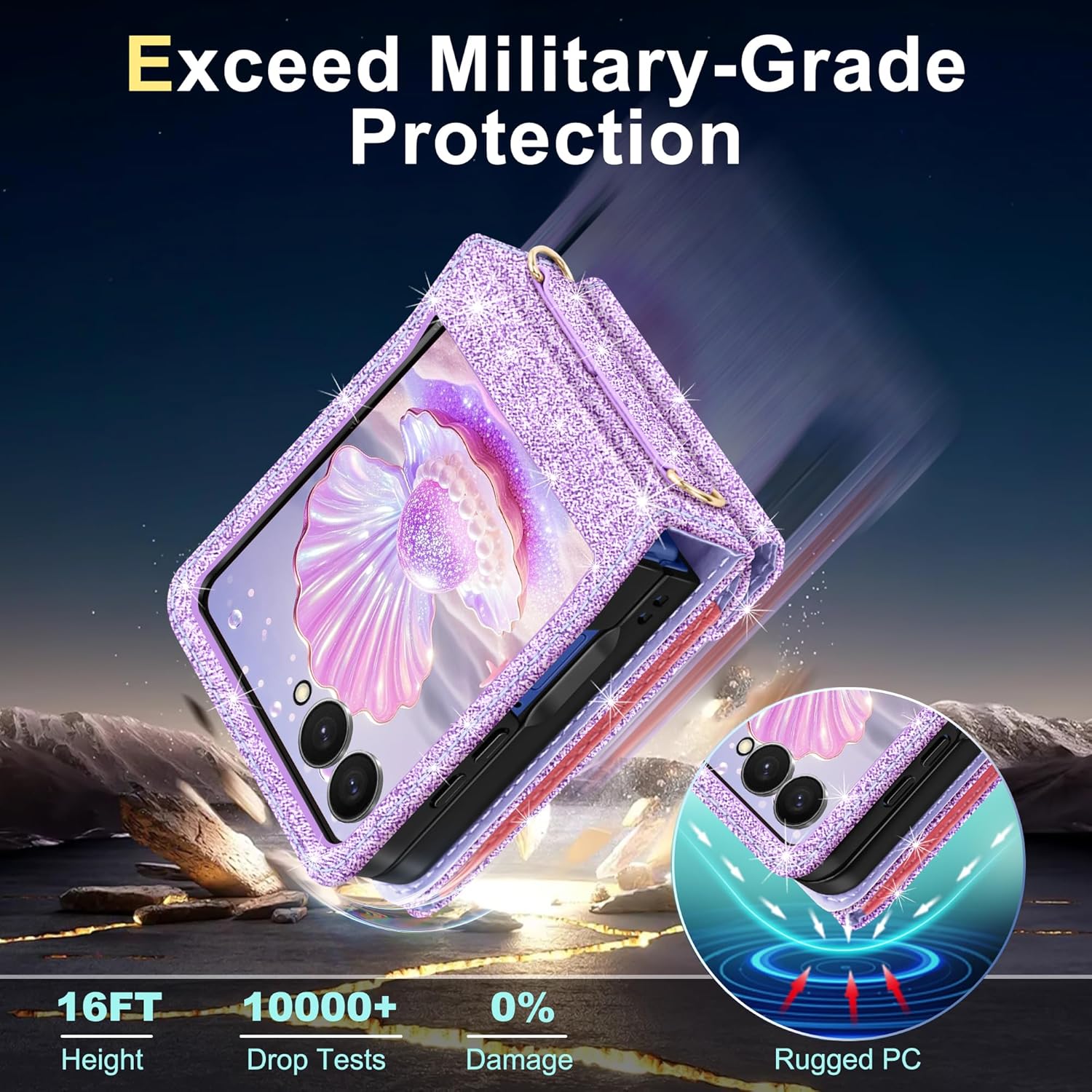 for Samsung Galaxy Z Flip 7 Case with Card Holder+Ring Kickstand,Glitter Sparkle Crossbody Wallet,Wristlet Strap PU Leather Shockproof Protective Case for Galaxy Z Flip 7 2025 5G 6.9“，Purple