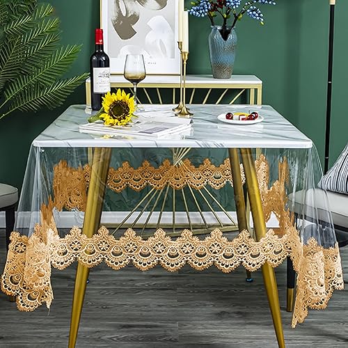 Miniatura 2 de Jeloris Mantel rectangular de plástico transparente de vinilo PVC impermeable con borde de encaje bordado cubierta de mesa transparente para cocina,