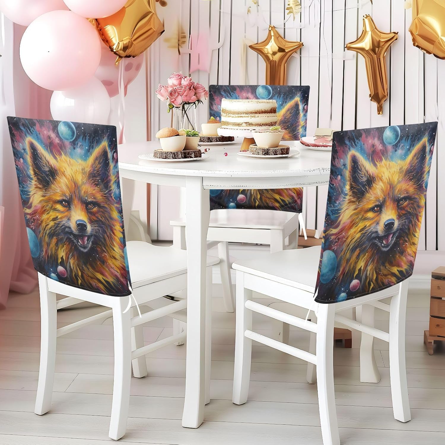 ALAZA Wolf Galaxy Dots Chair Back Cover Set of 6, Washable Reusable Removable Chair Slipcovers Decorative Chair Cover for Home Kitchen Wedding Party