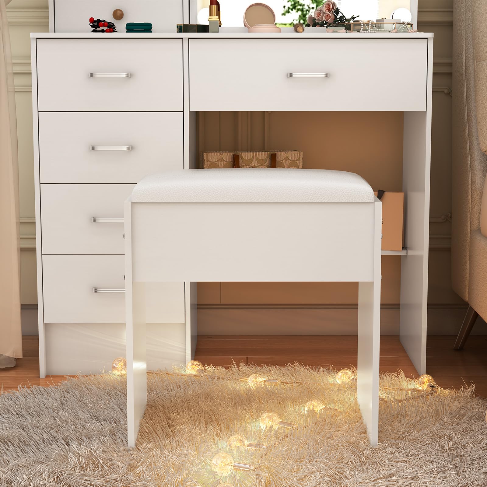 Taburete de Tocador Moderno para Dormitorio, 43 x 40 x 24 cm, Blanco
