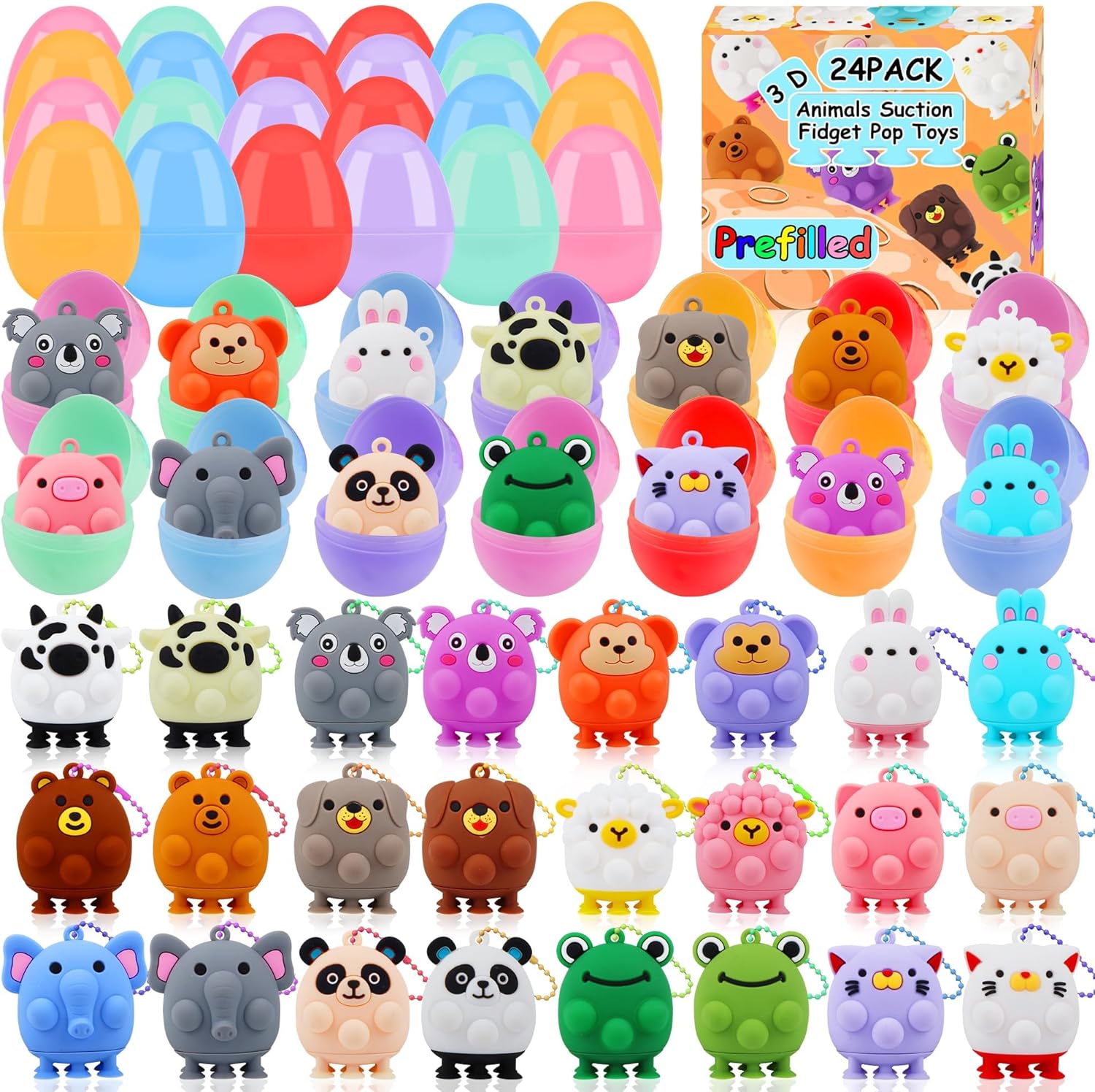 24 Pack Prefilled Easter Eggs with Animal Pop Toys, Filled Easter Eggs for Egg Hunt, Easter Basket Stuffers for Kids,Easter Party Favors Prizes, Prefilled Easter Egg with Toys