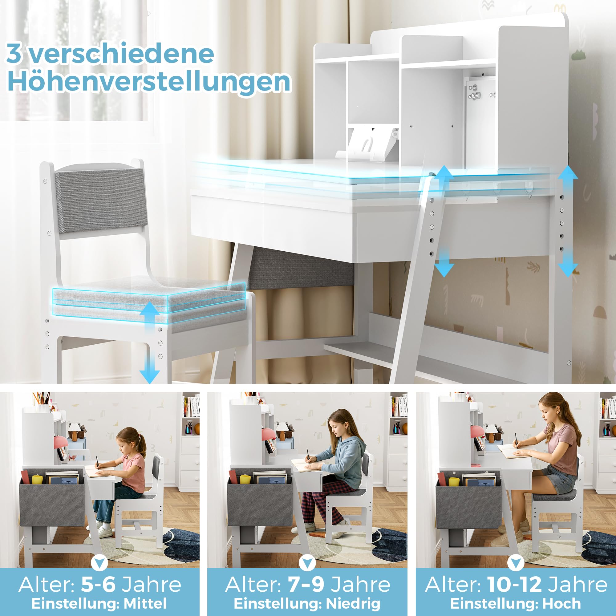 Pamapic Kinderschreibtisch und Stuhl Set, Höhenverstellbarer Kinderschreibtisch, Kinder Schreibtisch mit Regal & Schubladen, Schülerschreibtisch mit Haken, Magnete, Tafel & Stofftasche, Weiß