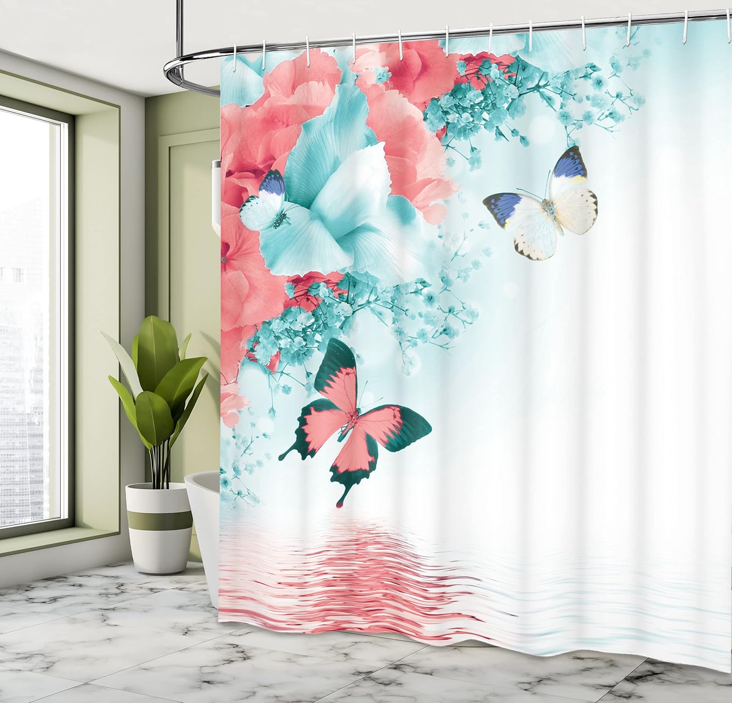 Ambesonne Floral Shower Curtain, Nature Theme Wild Flowers Monarch Flying Butterflies Lily on Lake Therapy Spa, Cloth Fabric Bathroom Decor Set with Hooks, 69" W x 84" L, Light Blue