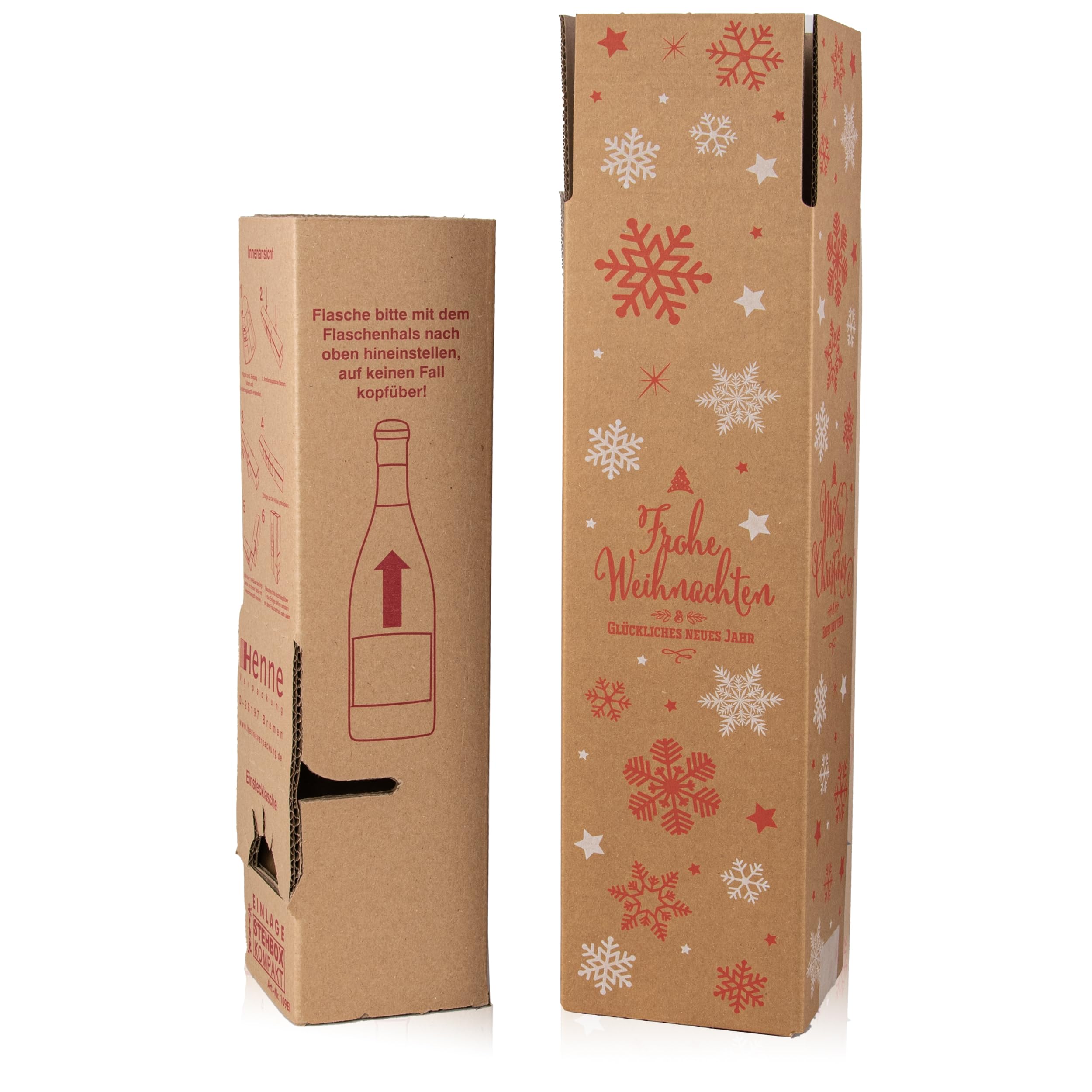 10x Wein Versandkarton Weihnachtsmotiv für 1 Flasche incl. Einlage, DHL/UPS zertifiziert (Natur, Weiß, Rot, 10x 1er)