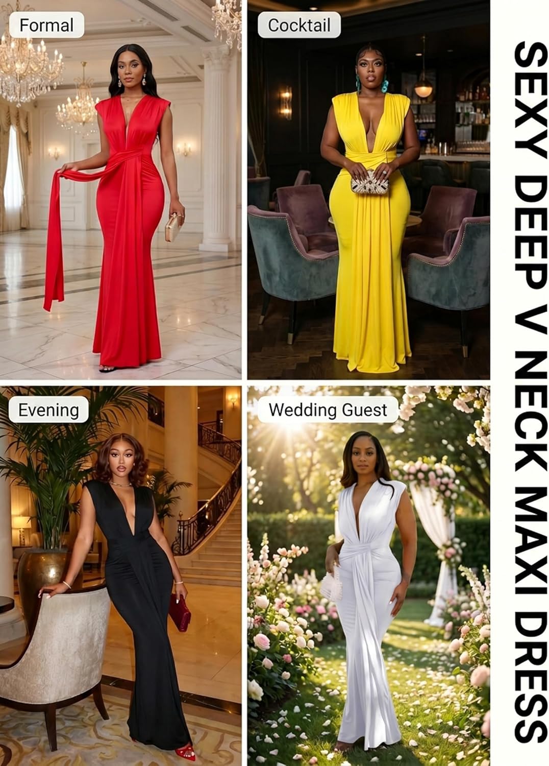 Ekaliy Elegant Bodycon Dresses for Women Deep V Neck Maxi Dress Mermaid Long Dress