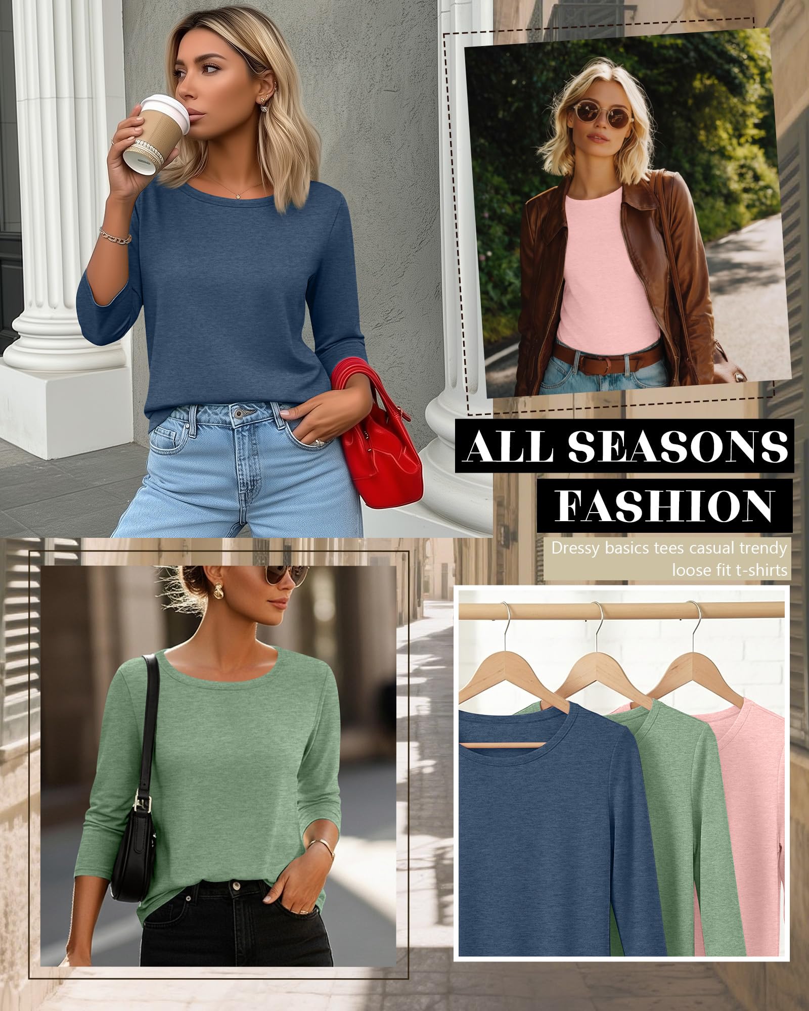 Ficerd 3er-Pack 3/4-Ärmel-Tops für Damen Rundhalsausschnitt Elegante Basic-T-Shirts Lässig Trendig Lockere Passform