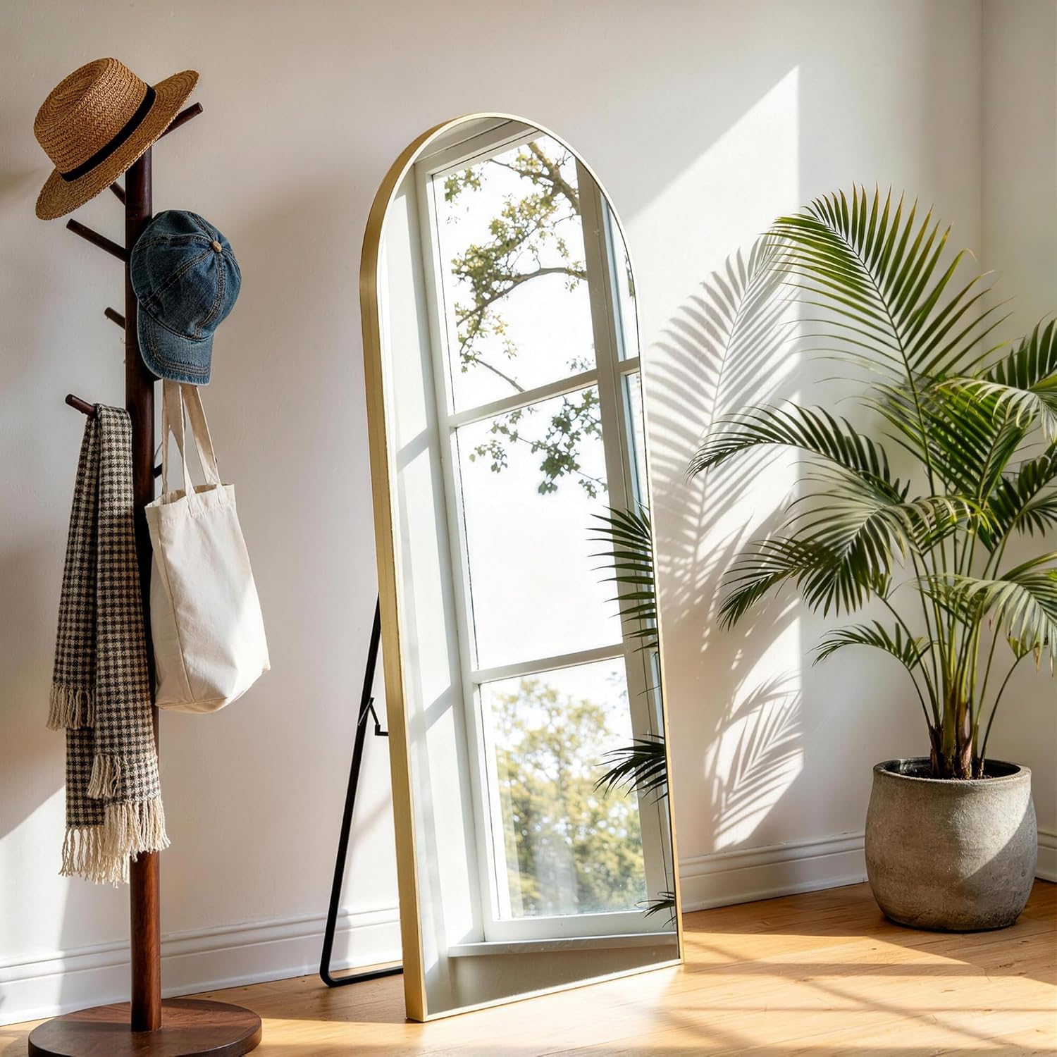 EOGOW 56" x 19" Arched Full Body Mirror,Standing or Leaning Tempered Glass Shatterproof Full Length Mirror with Stand for Bedroom Living Room Entryway,Gold