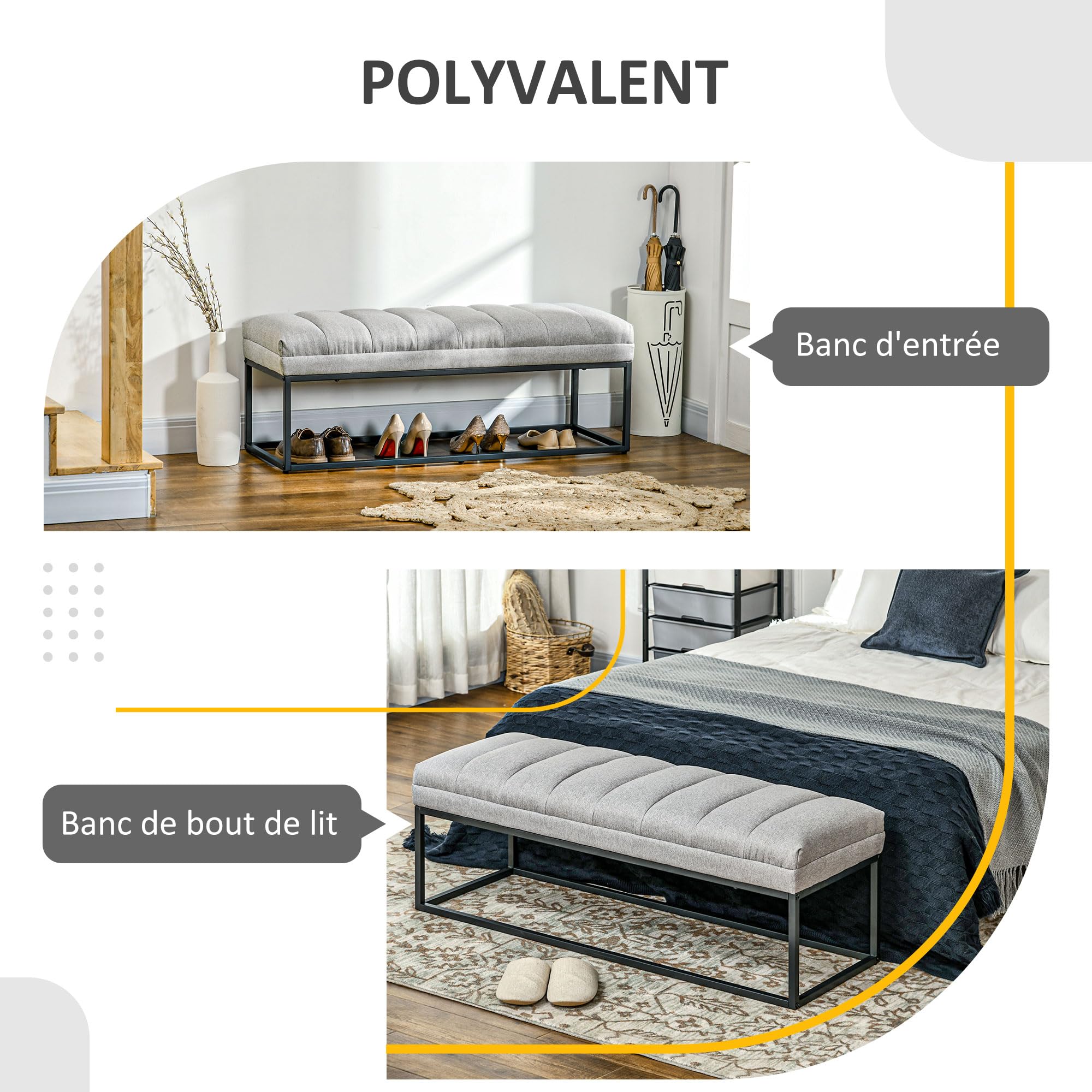 HOMCOM Banc Banquette Moderne Bout de lit rembourré en Tissu Aspect Lin et Structure en Acier Noir, idéal pour entrée, Salon, Chambre, Charge 200 Kg, 120 x 44 x 45,5 cm, Gris