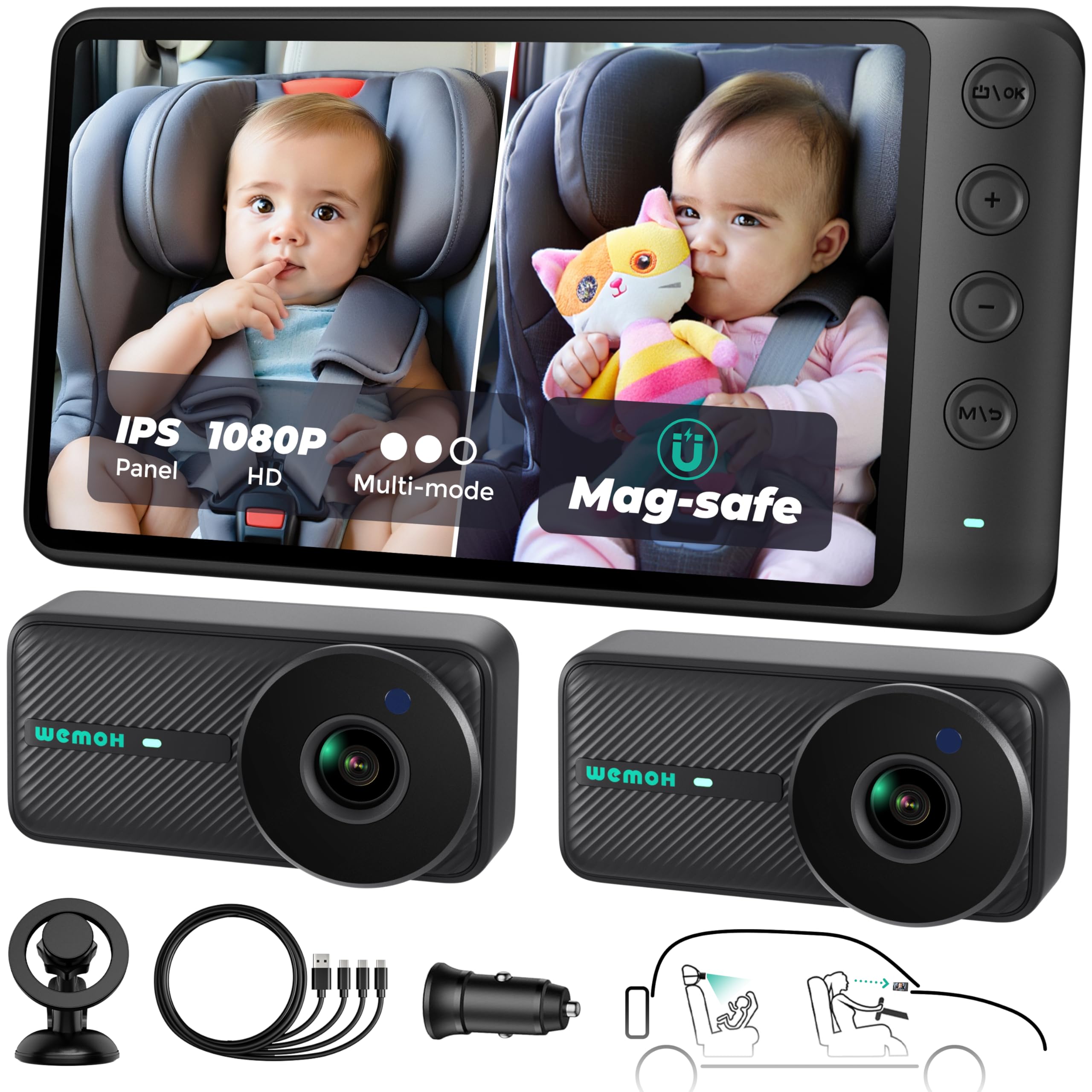 WEMOH Magnetische Dual-Baby-Autokamera für Zwei Kinder, 1080P IPS-Display mit Magnethalterung, 3 Modi (Zoom/Spiegel/Teilen), Automatische Nachtsicht, USB-betriebene Autokamera für Babys, rückwärts
