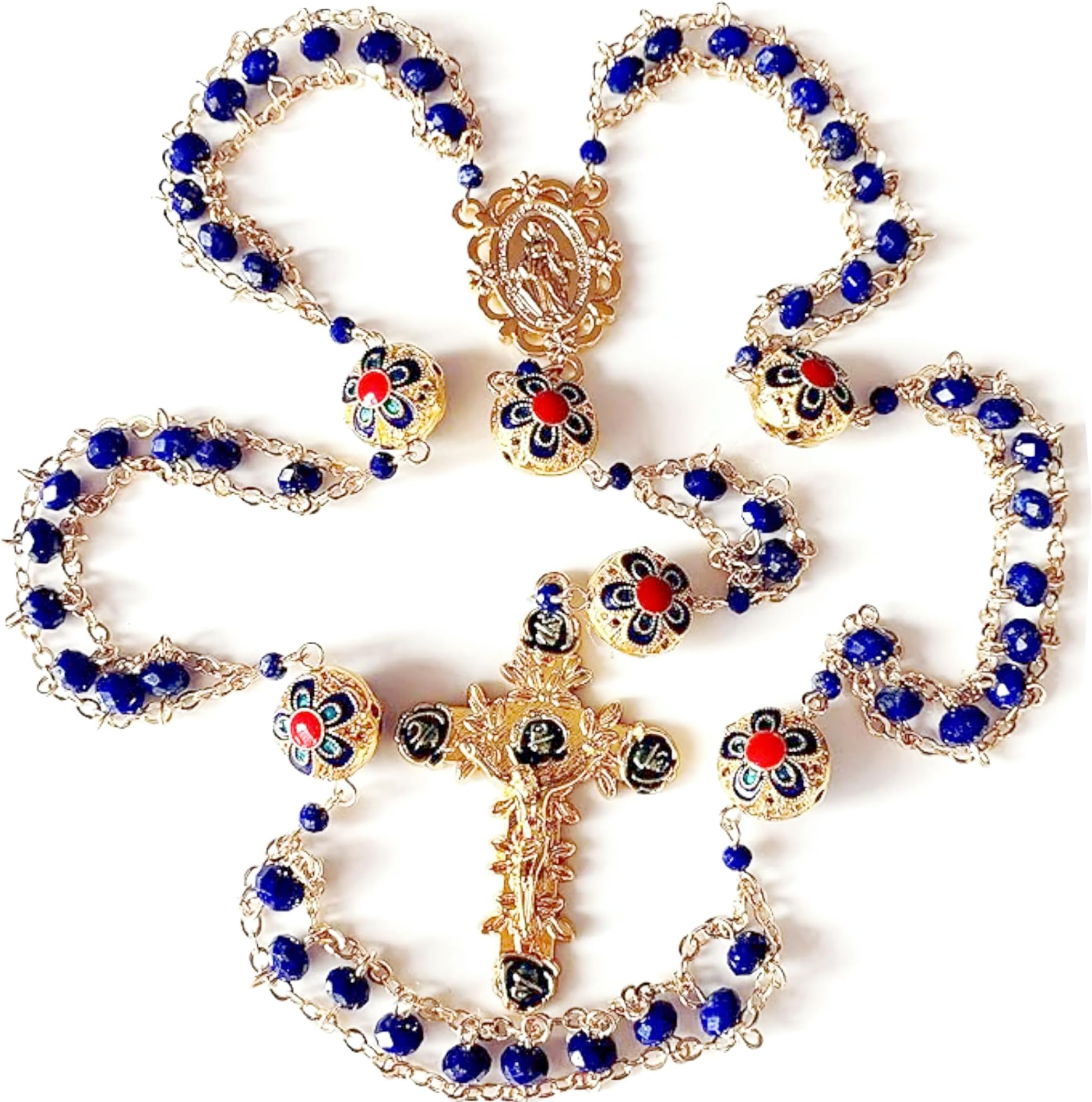 elegantmedical handmade Gold Ladder to Heaven Lapis Lazuli & Enamel Beads Catholic Rosary crucifix Necklace