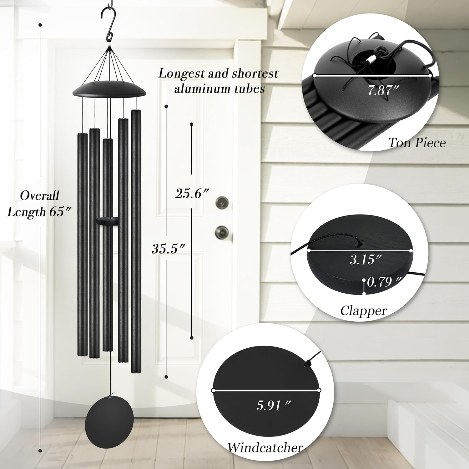 65" Extra Large Wind Chimes with Outside Deep Tone, 5 Thick and Bold Aluminum Tubes, Coolest Metal Windchimes Outdoors with Pine Wood Striker, Unique Gift for Mom, Garden Decoration(Black)
