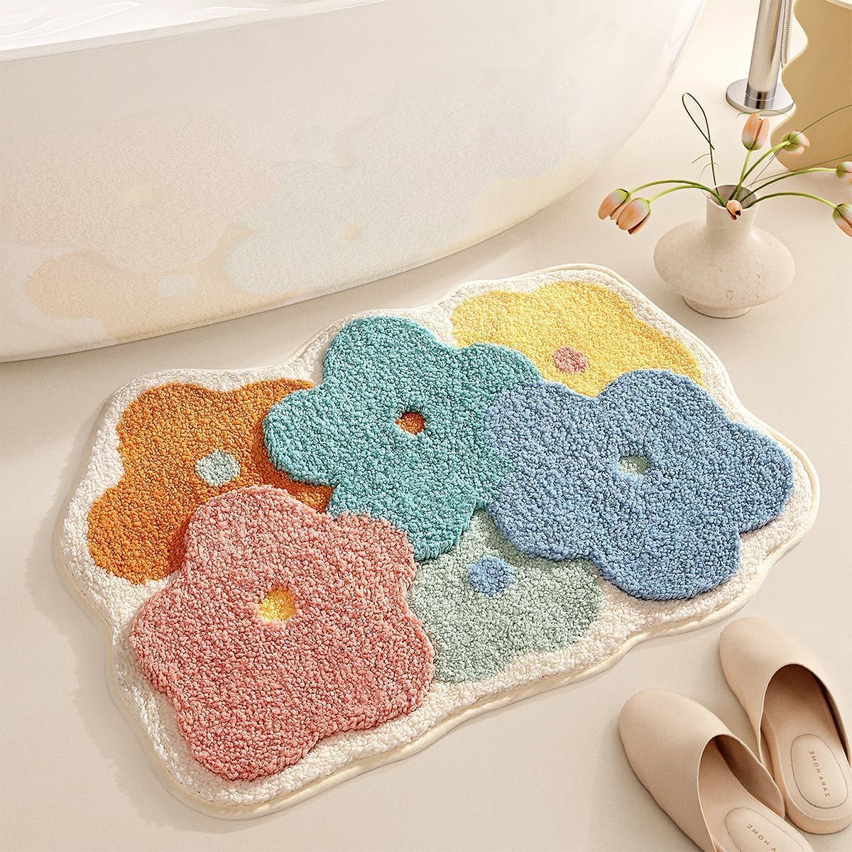 Loismood Flowers Extra Absorbent Bathroom Carpet Non Slip and Thick Microfiber Bath Rug Machine Washable Bath Mat for Bath Tub, Living Room and