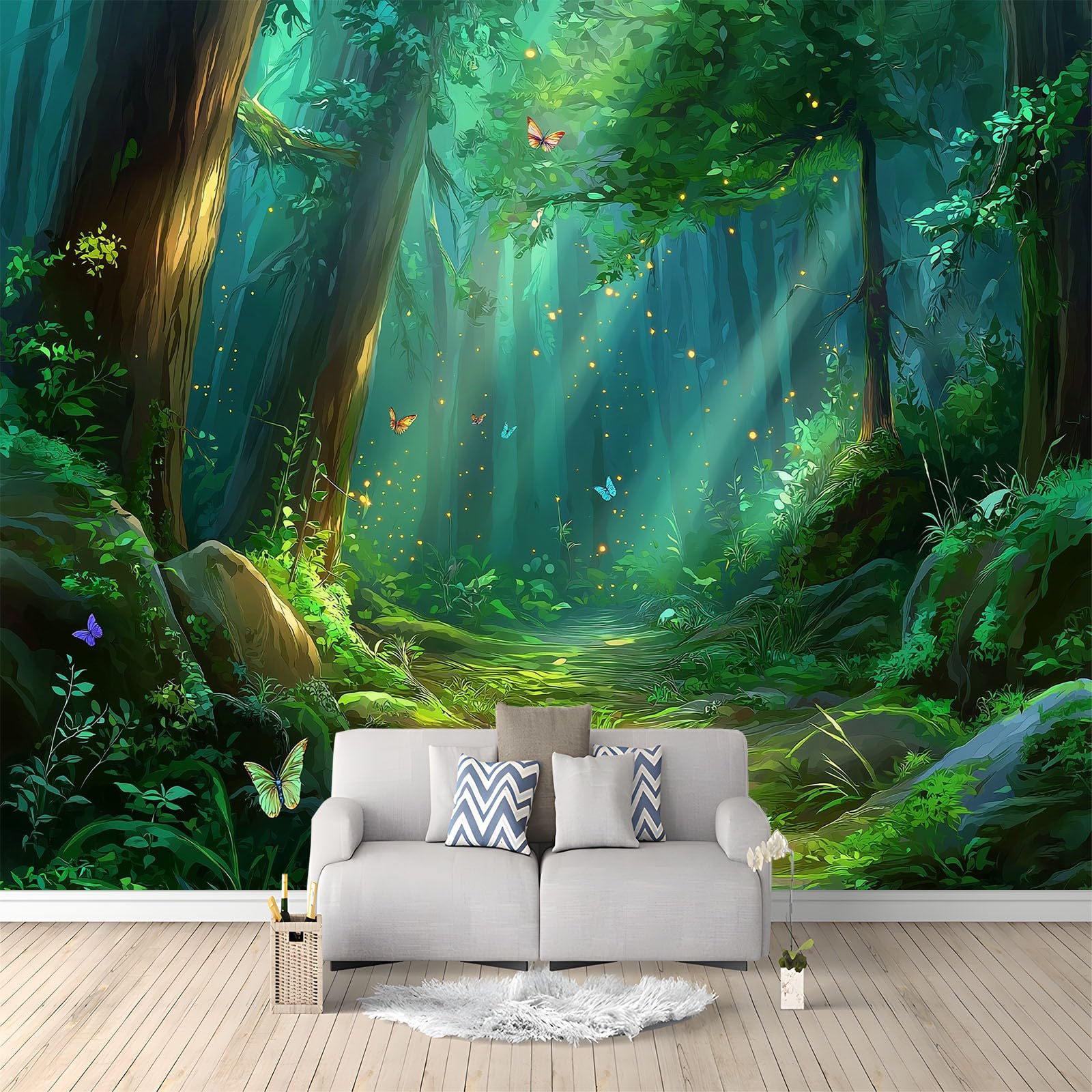 Générique Panoramiczna tapeta fantasy las dżungla roślina motyl ciemnozielony, tapeta z włókniny 3D, do pokoju dziecięcego i salonu, dekoracja ścienna XXL, 350 x 256 cm