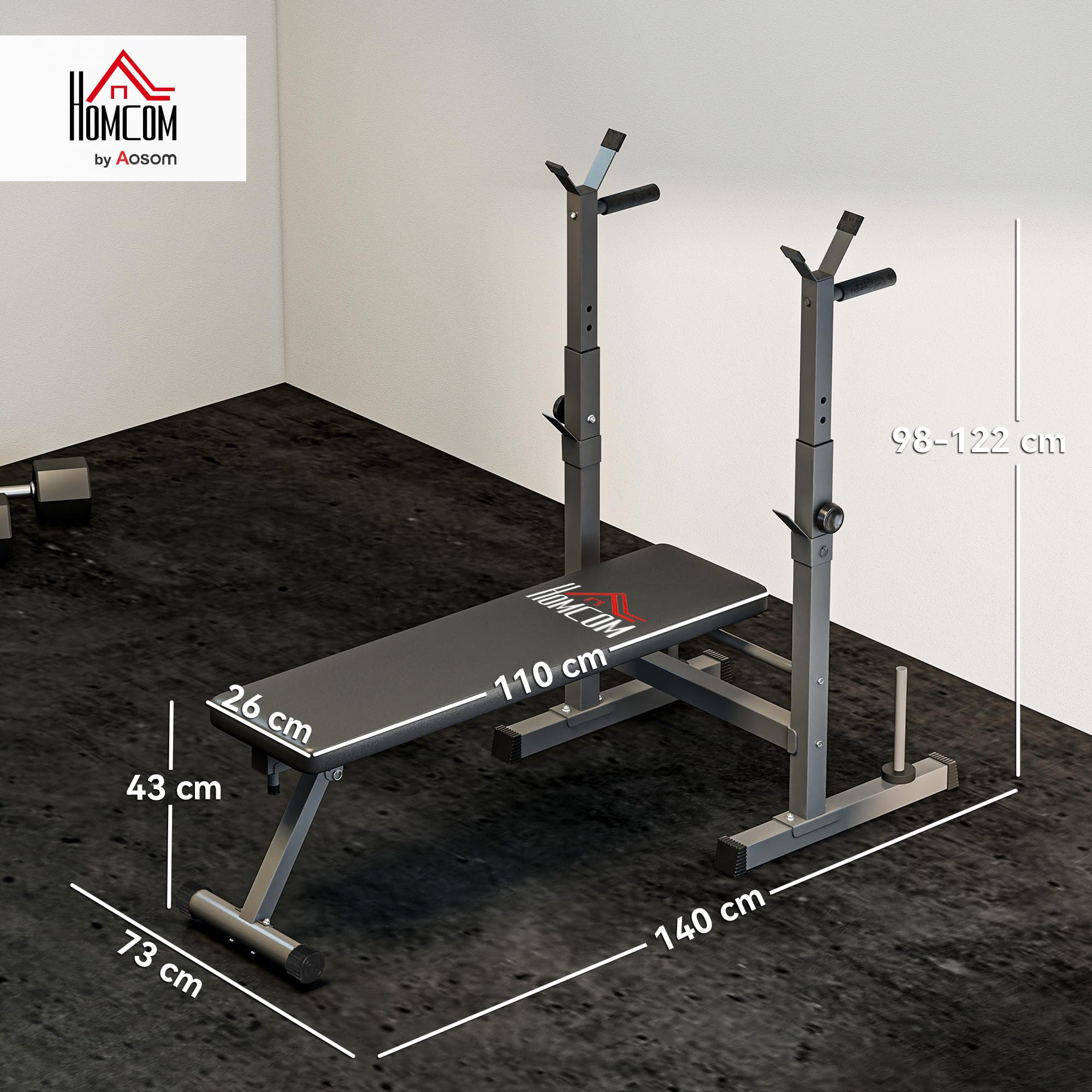 HOMCOM Panca da Palestra Pieghevole con Supporto per Bilanciere Regolabile in 8 Posizioni, Panca Pesi in Acciaio e PU per Palestra Casa, Portata 220 kg, 140x73x98-122 cm