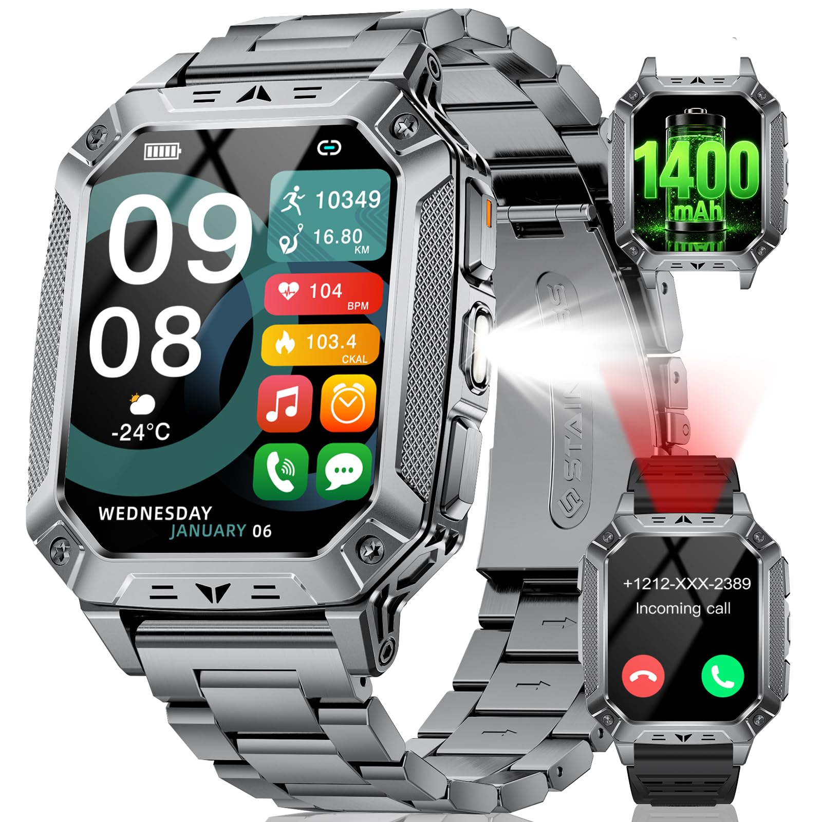 LIGE Reloj Inteligente Hombre 1400mAh de Larga Duración, Gran Pantalla HD de 2,01″, Linterna LED con Botón, Llamadas Bluetooth, 120+ Modos Deportivos, Frecuencia Cardíaca & SpO2, IP68, iOS Android